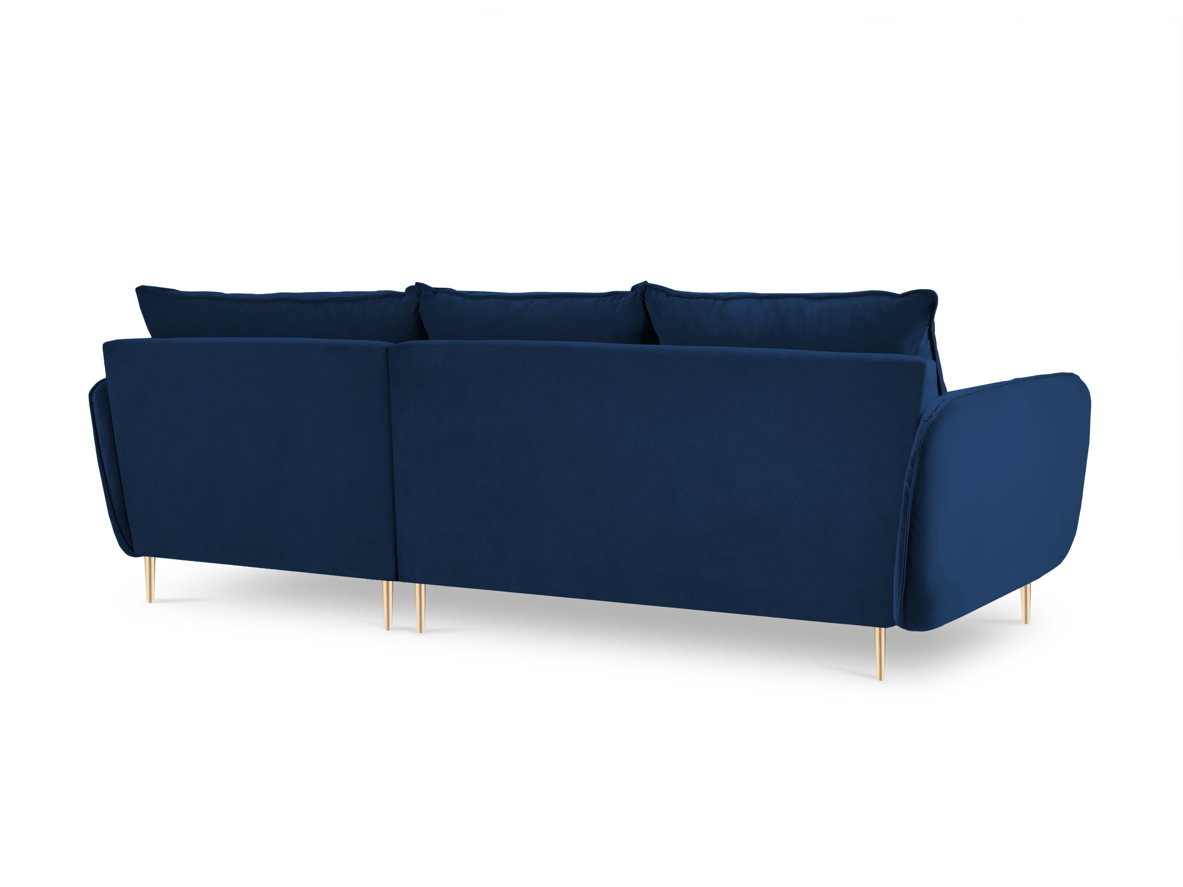 Right-facing velvet corner sofa for 5 people VIENNA in royal blue with a gold base