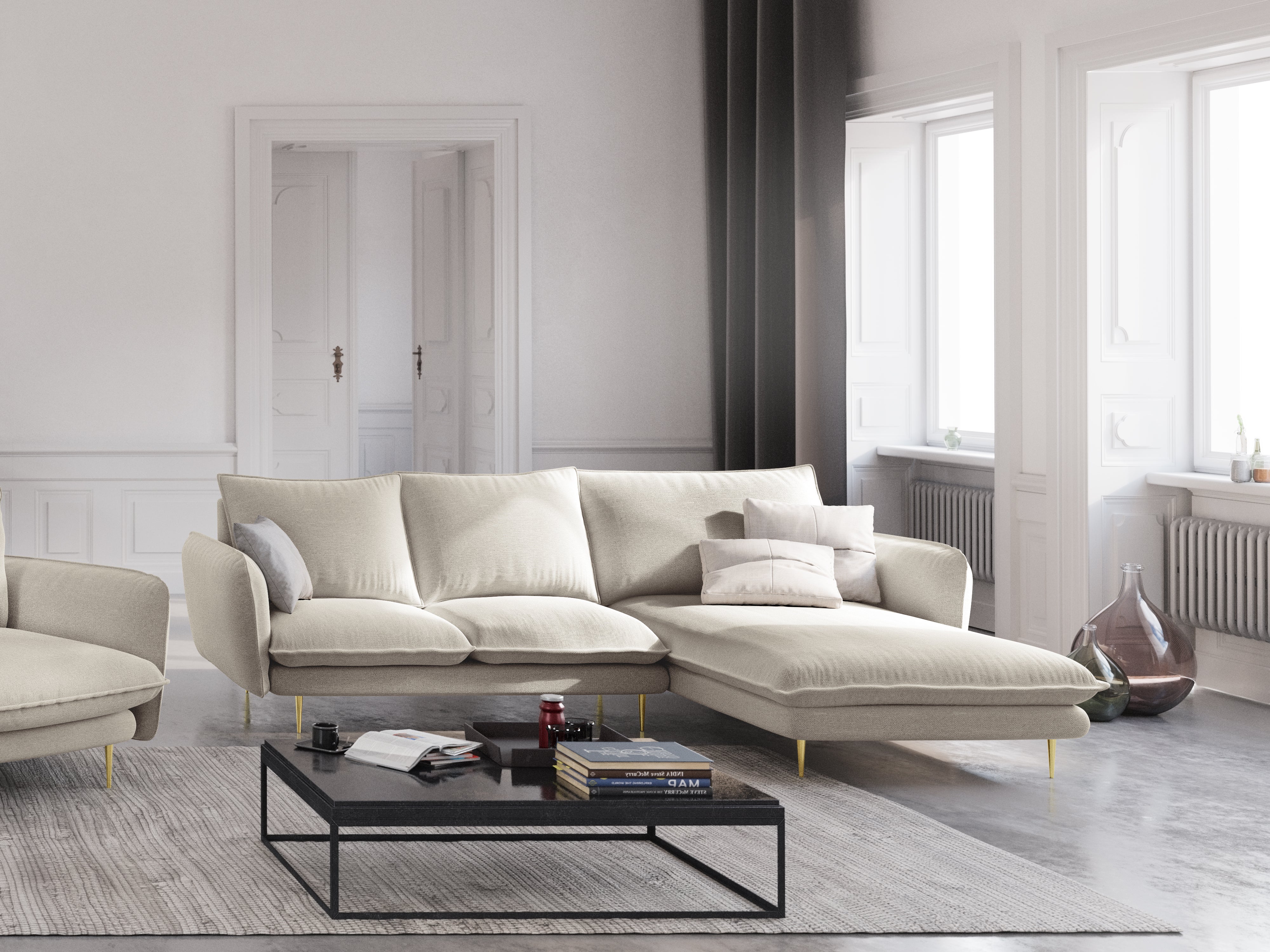 Right-facing 6-seater corner sofa VIENNA in light beige chenille with a gold base