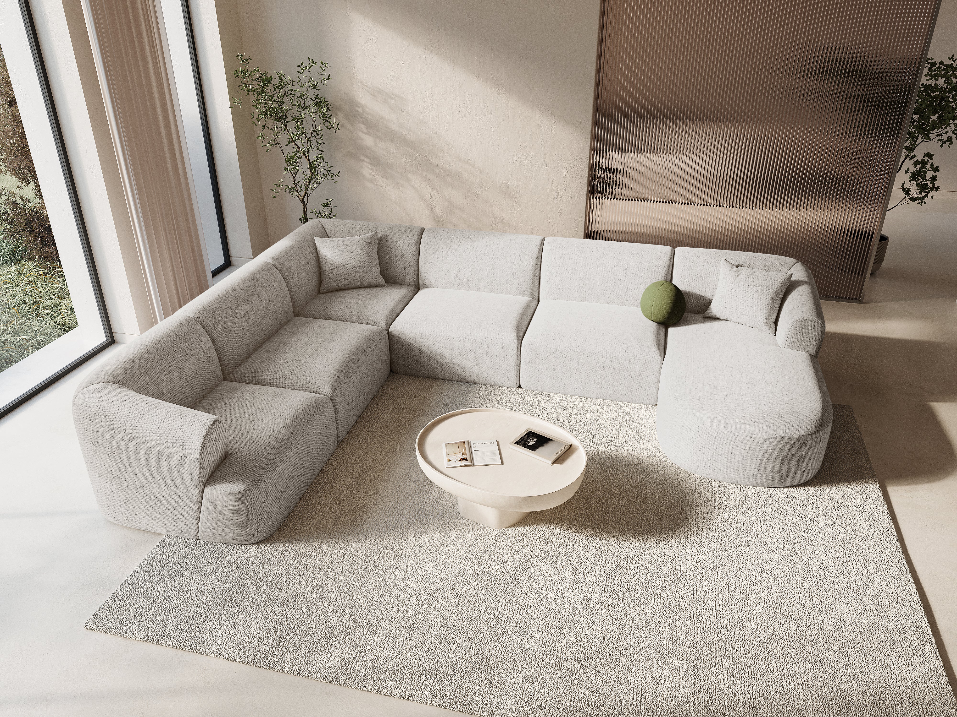 Left-sided panoramic corner sofa for 7 people CAMPI cream chenille