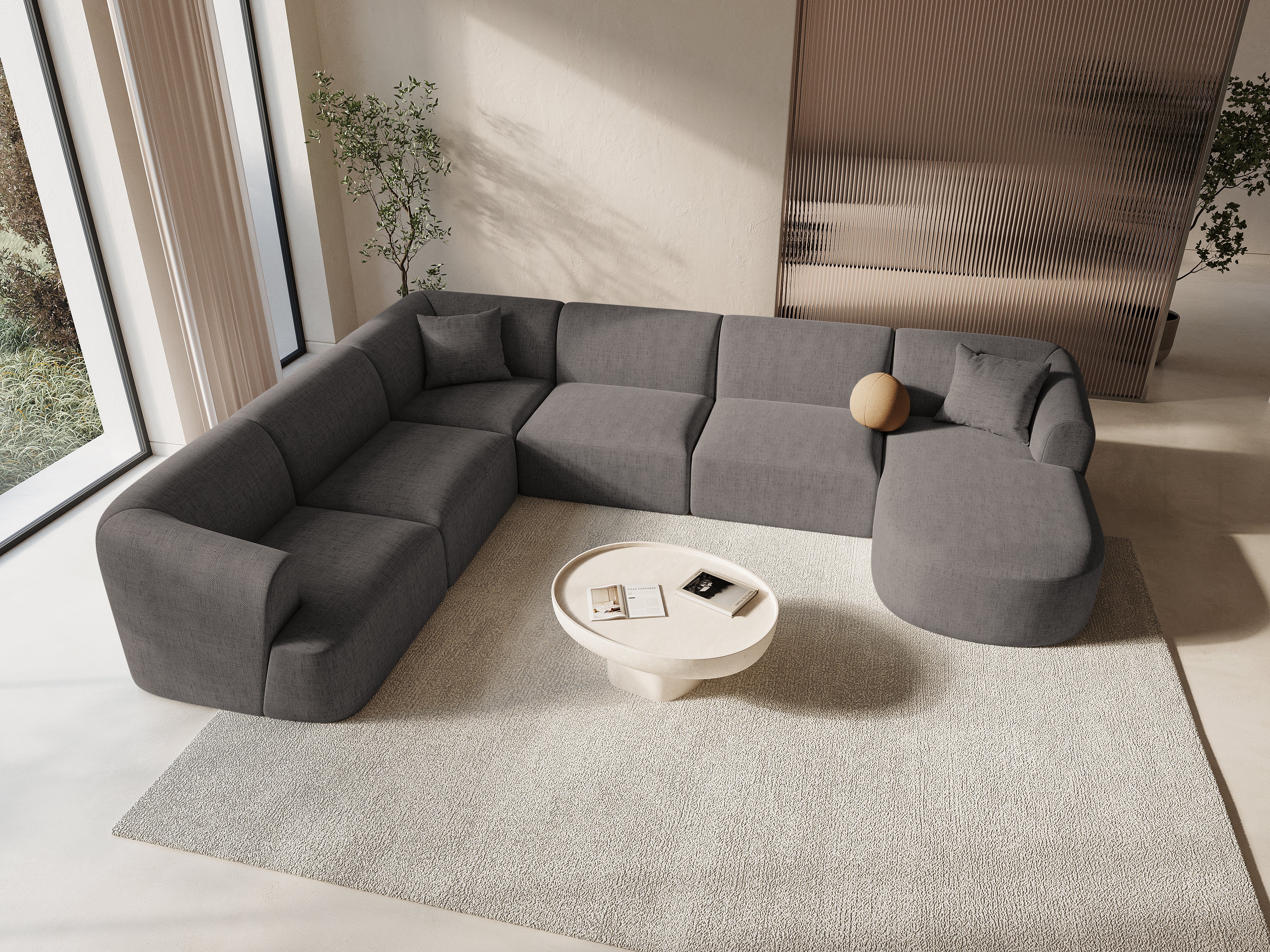 Left-sided panoramic corner sofa for 7 people CAMPI gray chenille