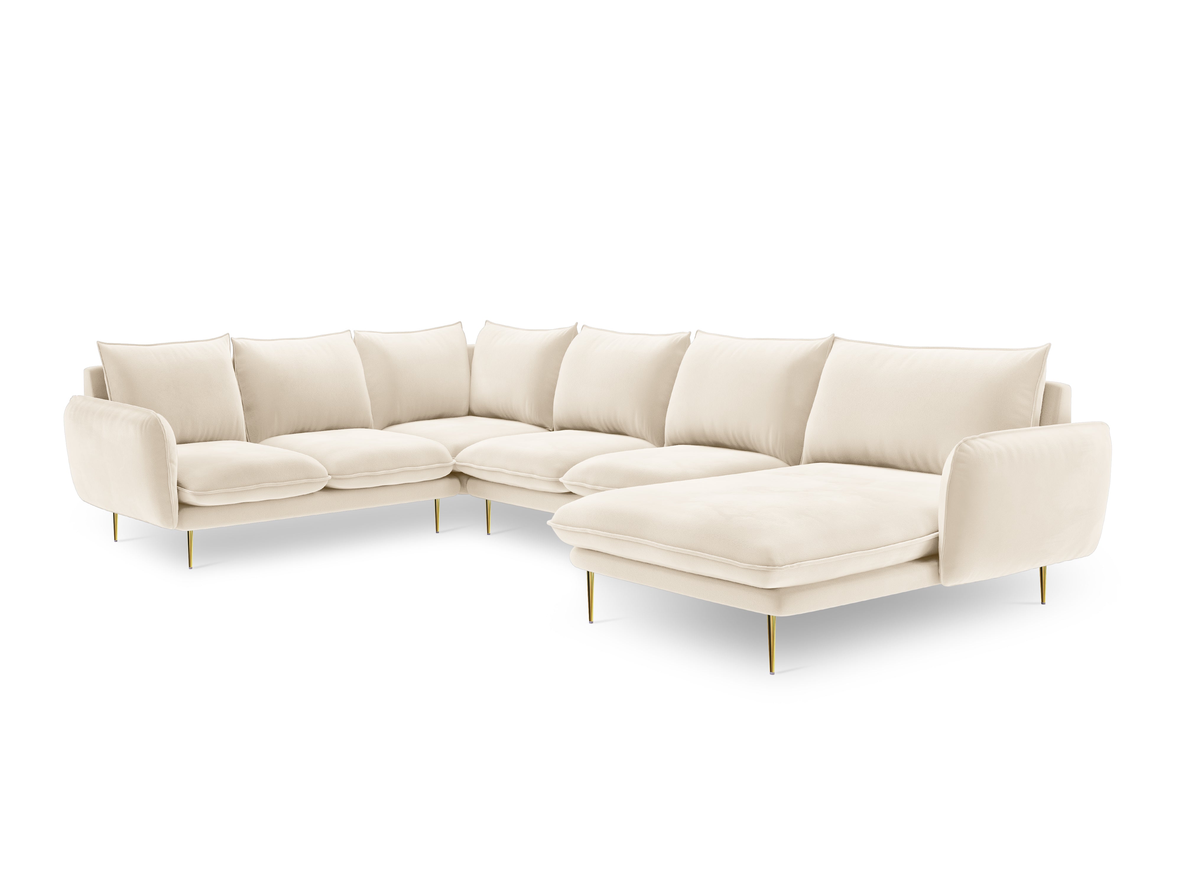 Panoramischer Samt-Ecksofa linksseitig für 7 Personen VIENNA beige mit goldenem Fuß