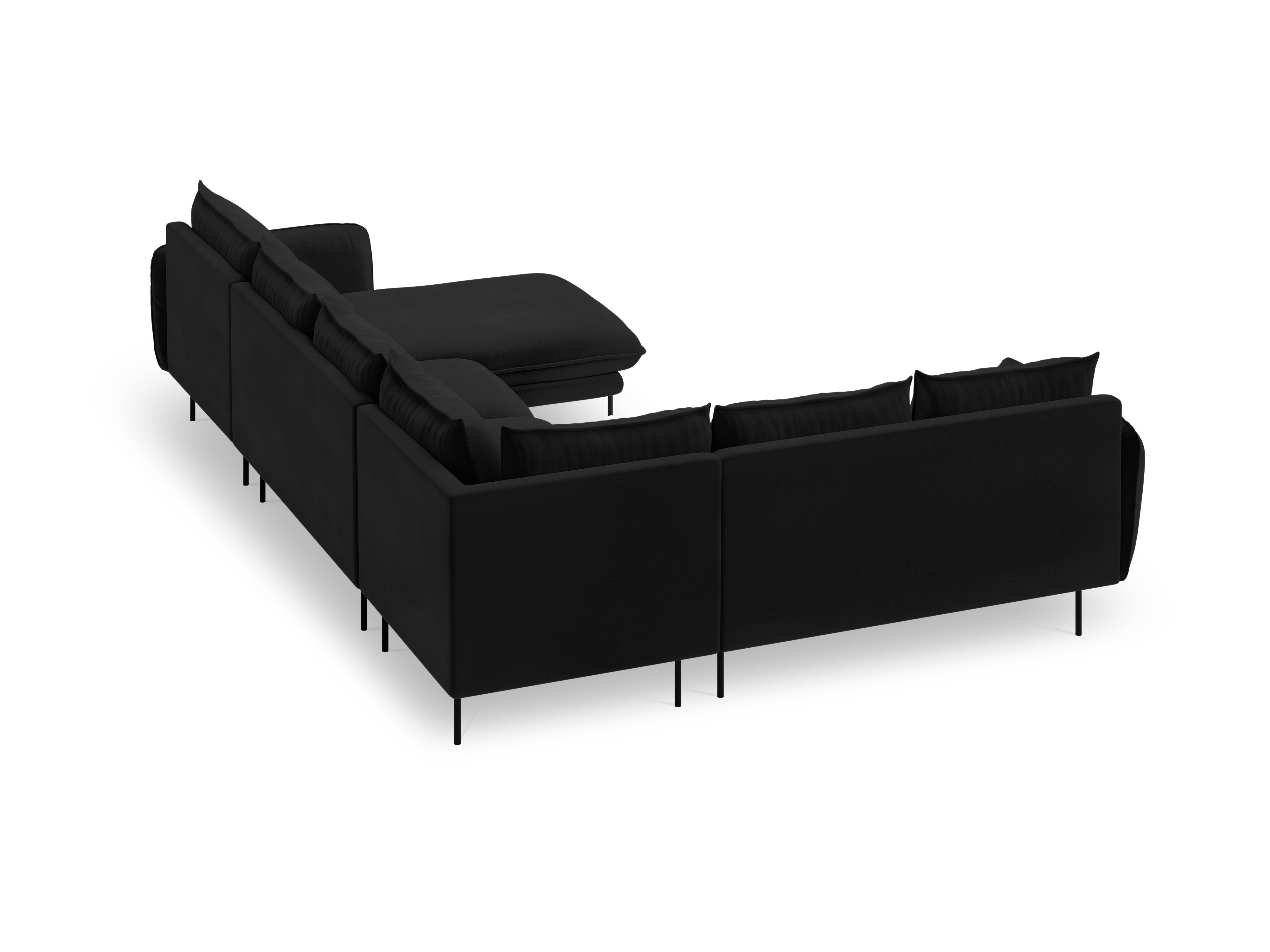Panoramic Velvet Left-Side Corner Sofa for 7 People VIENNA in Black with Black Base