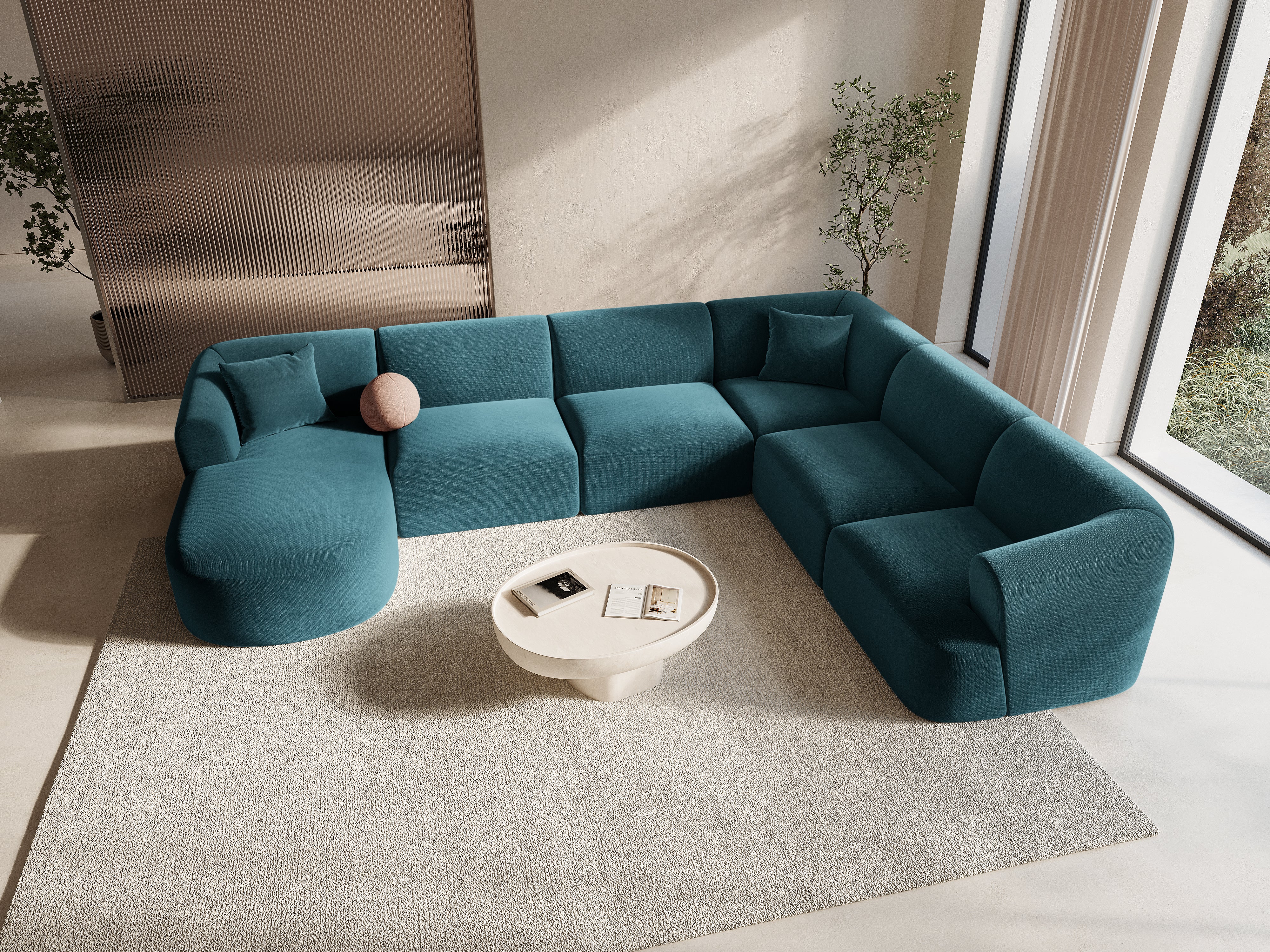 Right-facing velvet panoramic corner sofa for 7 people CAMPI petrol
