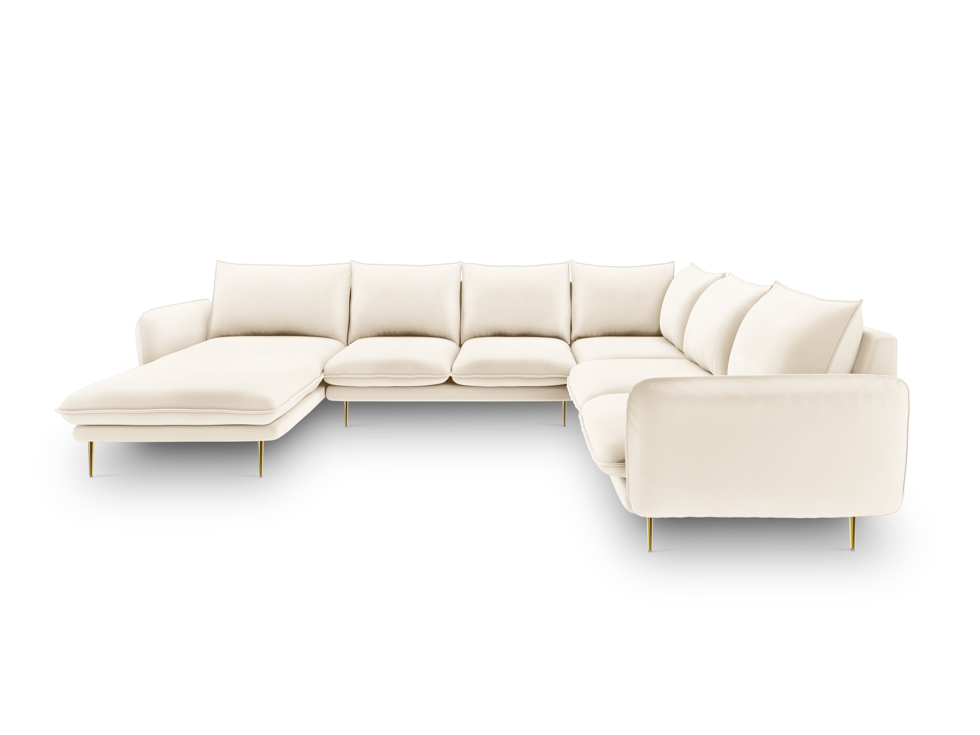 Beige velvet right-facing panoramic corner sofa for seven people VIENNA with a golden base