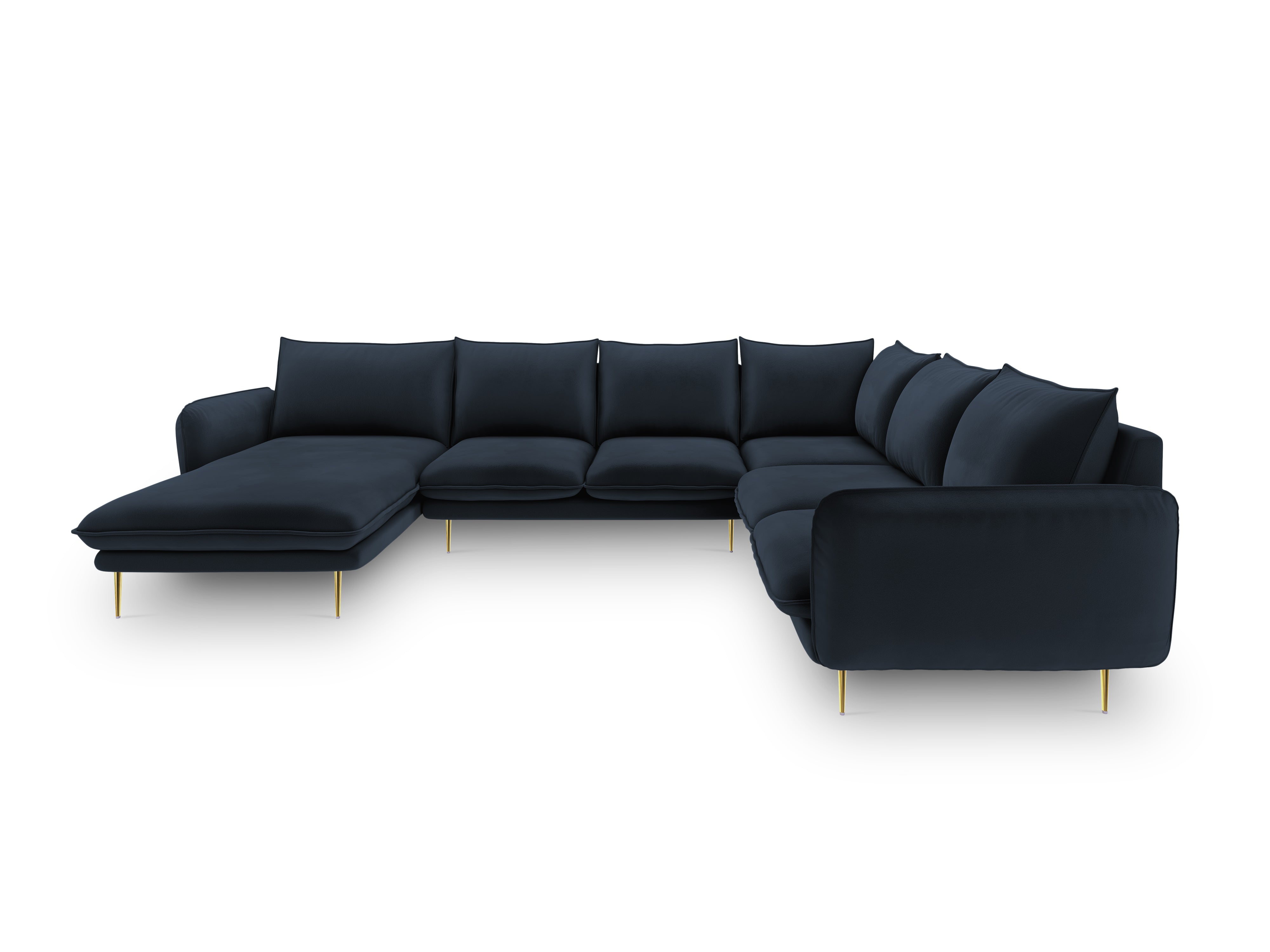 Panoramic Velvet Corner Sofa Right-Handed 7-Seater VIENNA Dark Blue with Gold Base