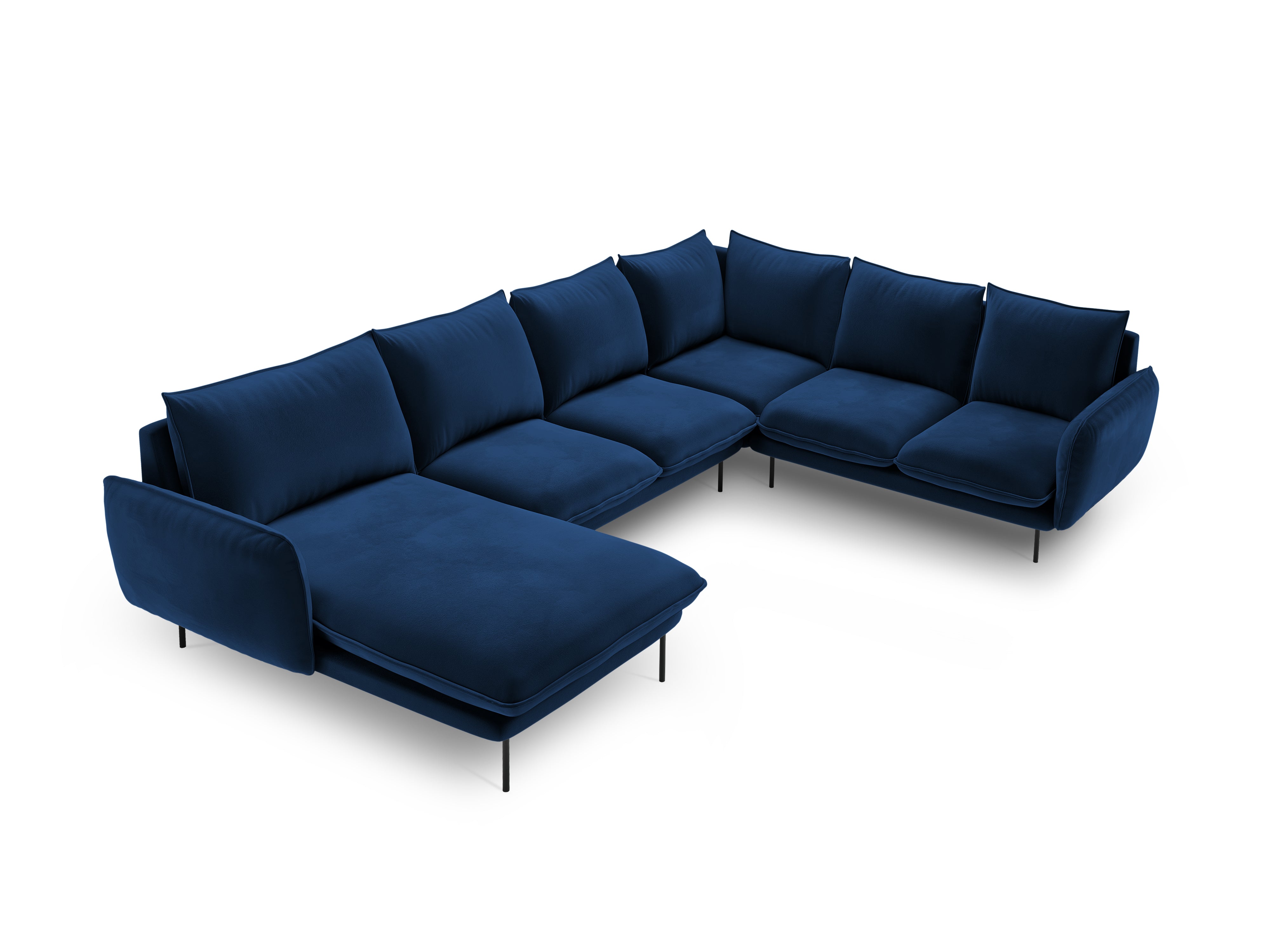Royal blue velvet right-facing panoramic corner sofa for 7 people VIENNA with a black base