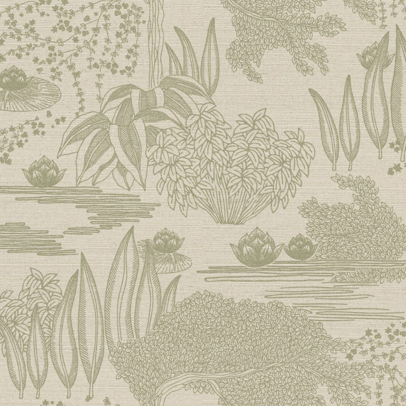 Plant fiber wallpaper with a plant motif HASU - IVORY GREEN GRAY ivory with green