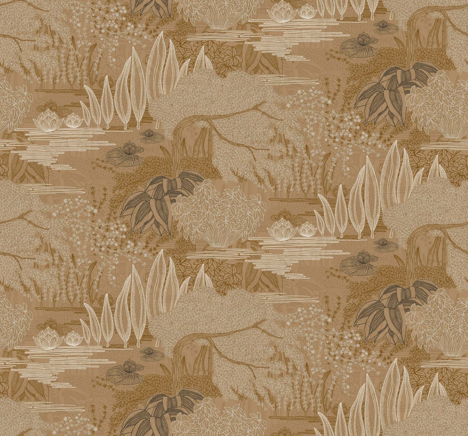 Wallpaper with a plant landscape of a water garden JASMIN - DORÉ gold