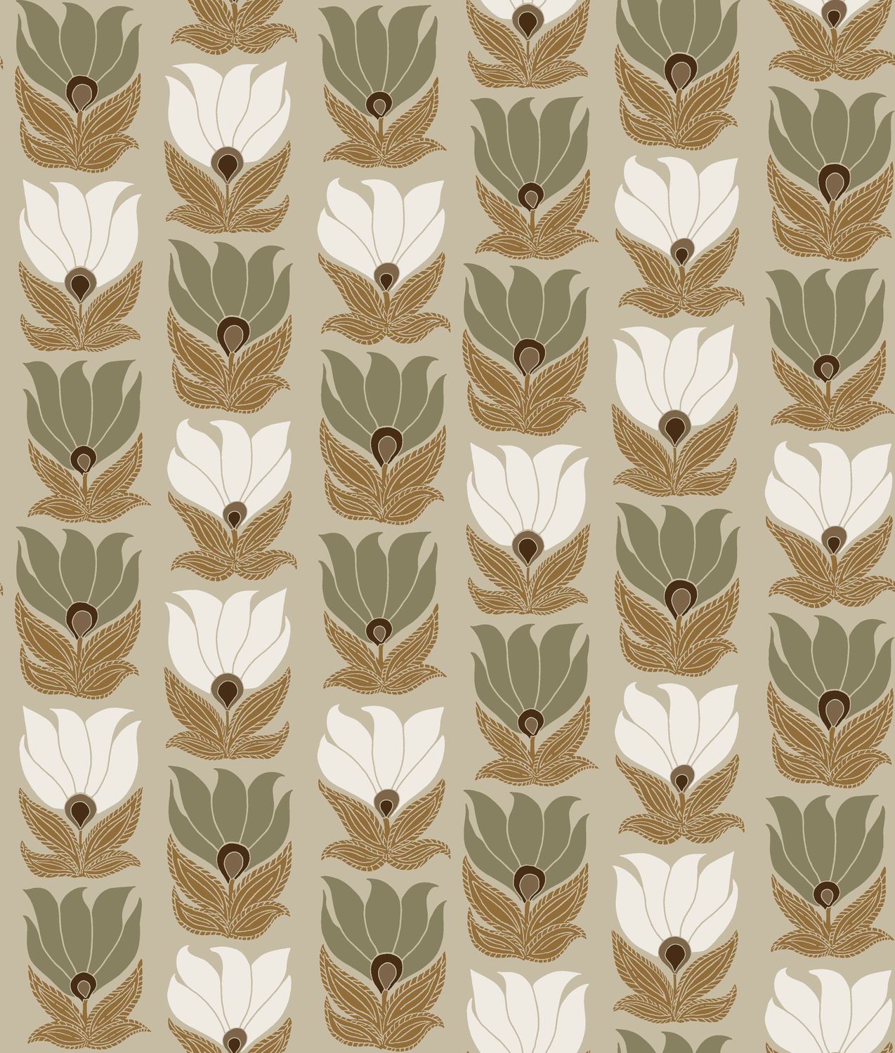 Tapete mit Pflanzenmotiv DAUPHINE - GREGE/VERT ARGILE dunkelbeige mit grünem
