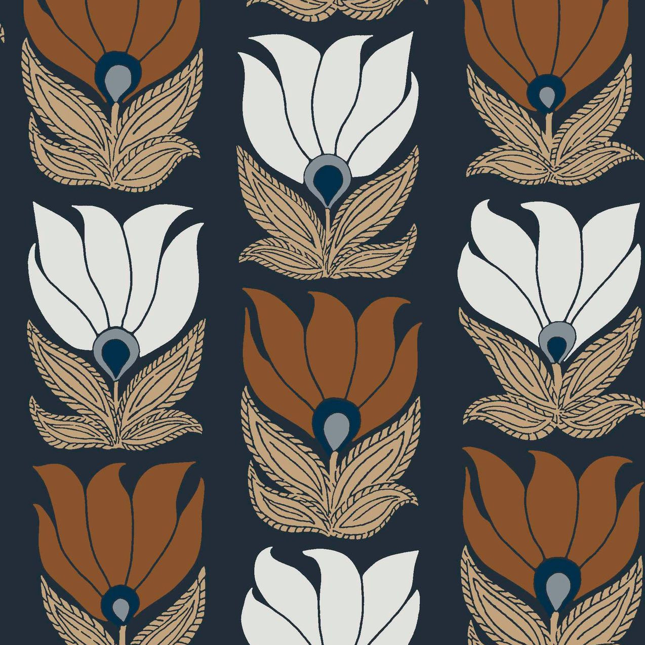 Wallpaper with a floral plant motif DAUPHINE - MARINE/GOLD navy blue with gold and orange