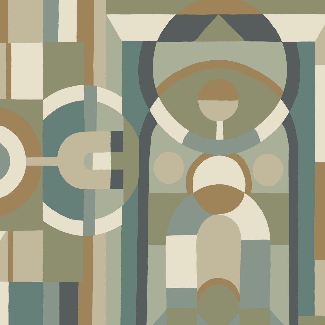 Behang met geometrisch glas-in-loodmotief VITRAIL - CÉLADON/KAKI zeegroen met kaki