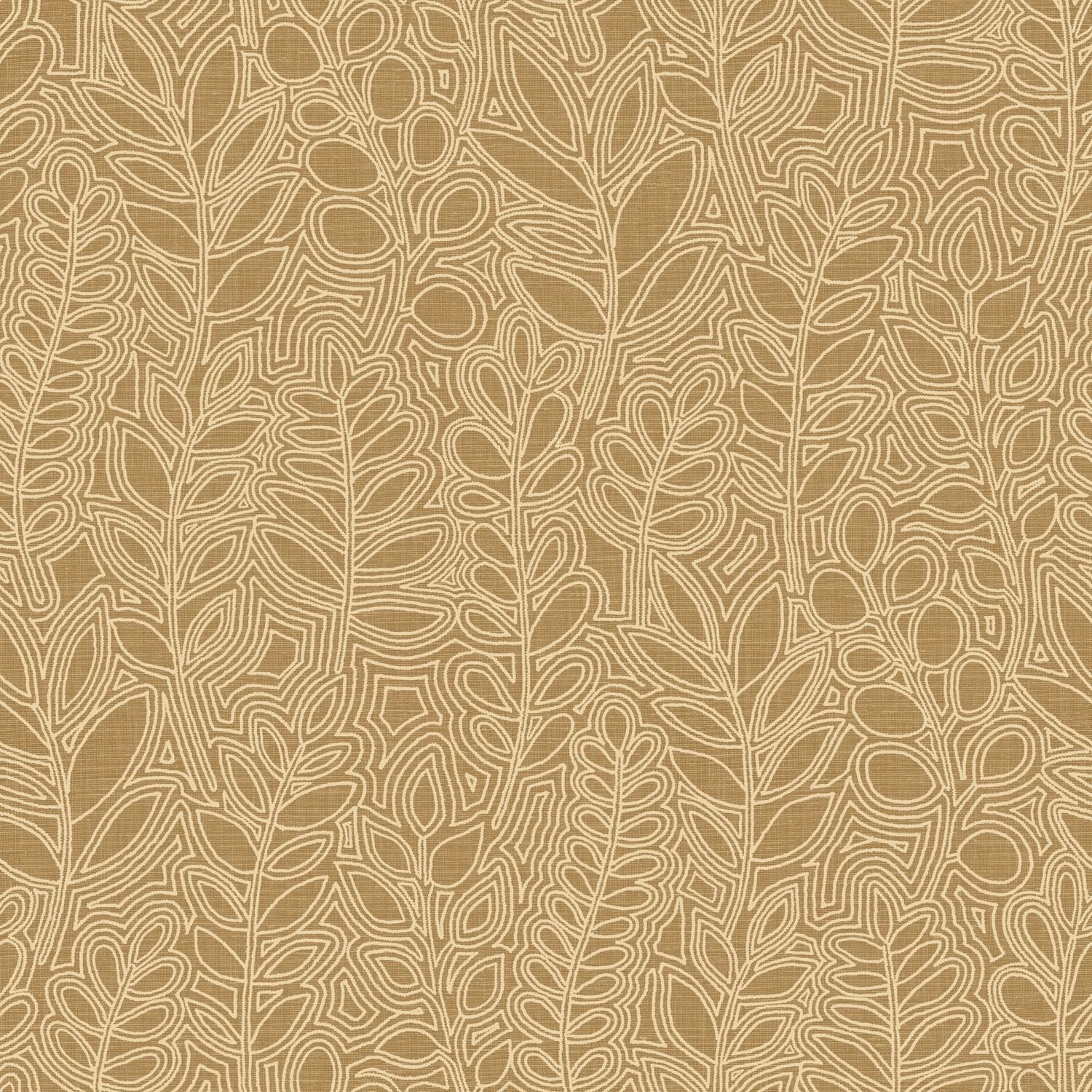 Plant motif wallpaper with leaf design resembling embroidery ASTRAGALE - CAMEL caramel
