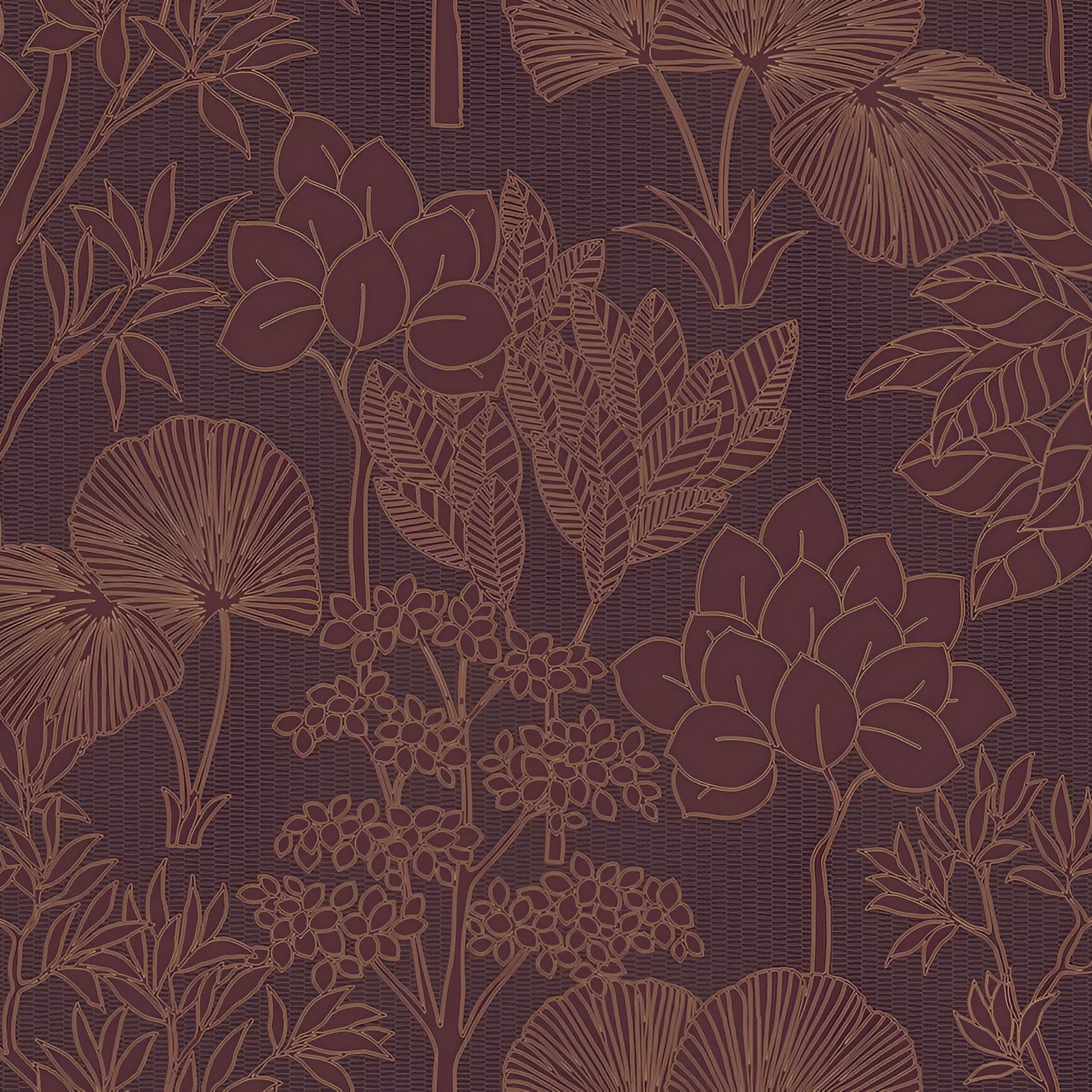 Strukturtapete mit pflanzlichem Muster aus Blättern und Blumen INARA - POURPRE braun