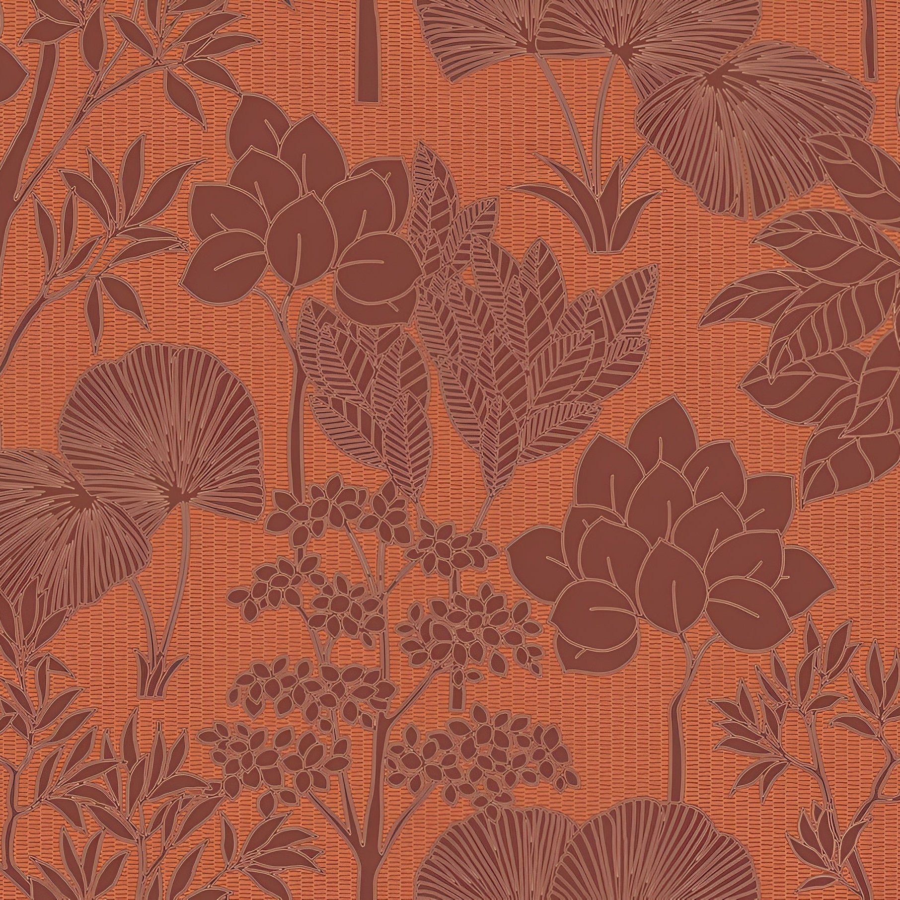 Structural wallpaper with a floral pattern of leaves and flowers INARA - ORANGE BRÛLÉ orange