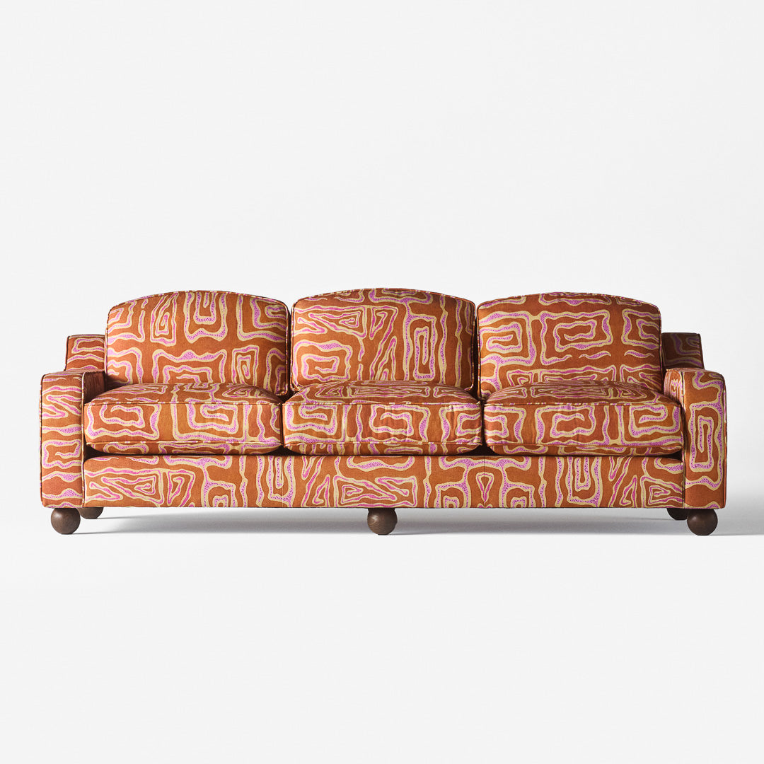 Sofa 3-Sitzer LOLA orange mit beige-rosafarbenem Muster