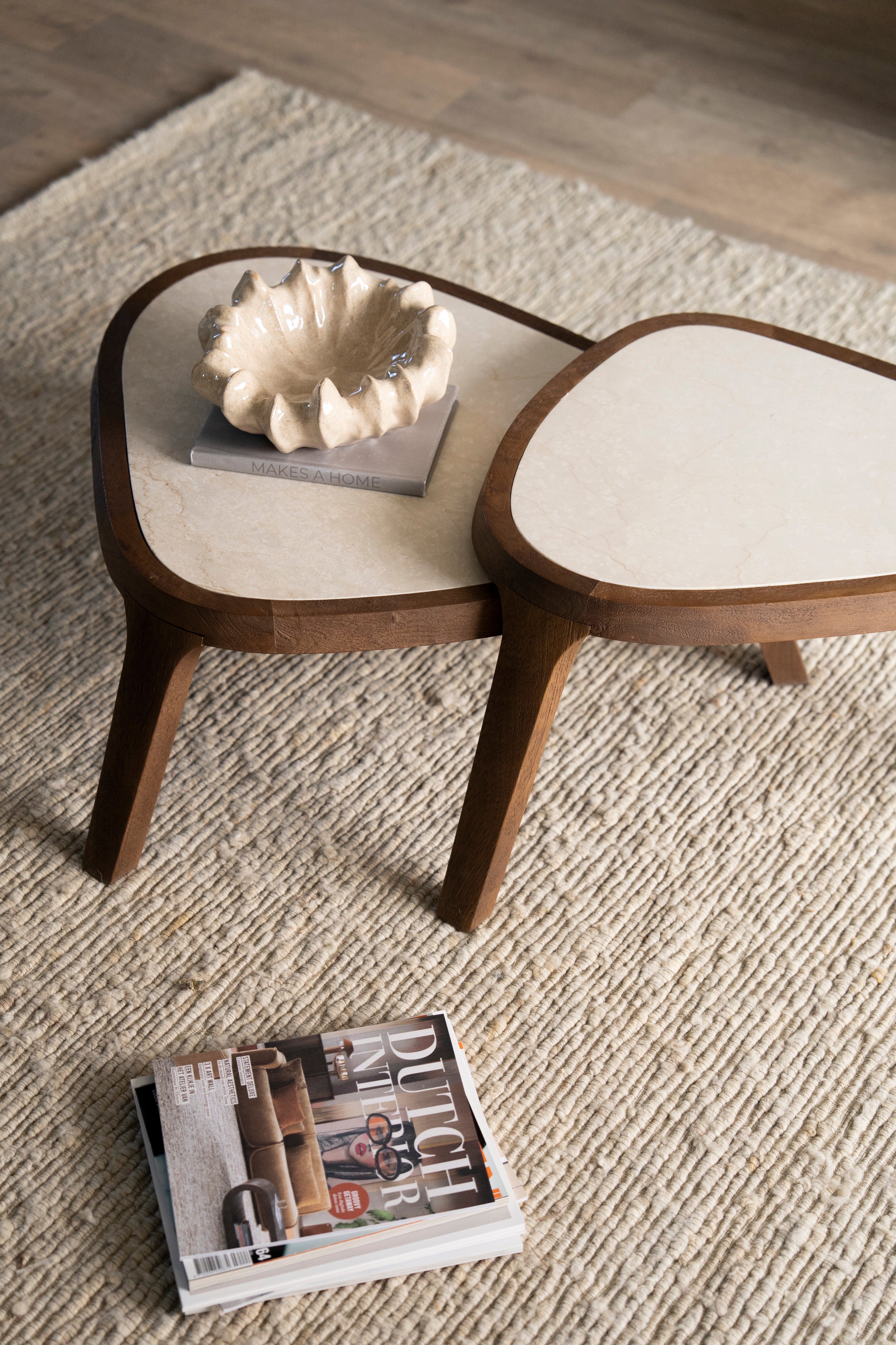 Koffietafel FRED crème marmer met houten basis