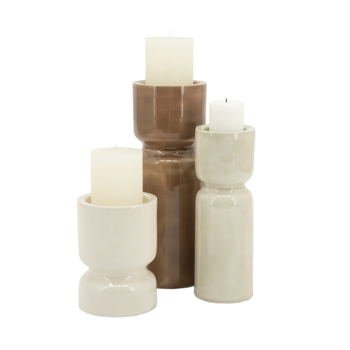 ROANY DUO kaarsenhouder set bruin met wit en beige