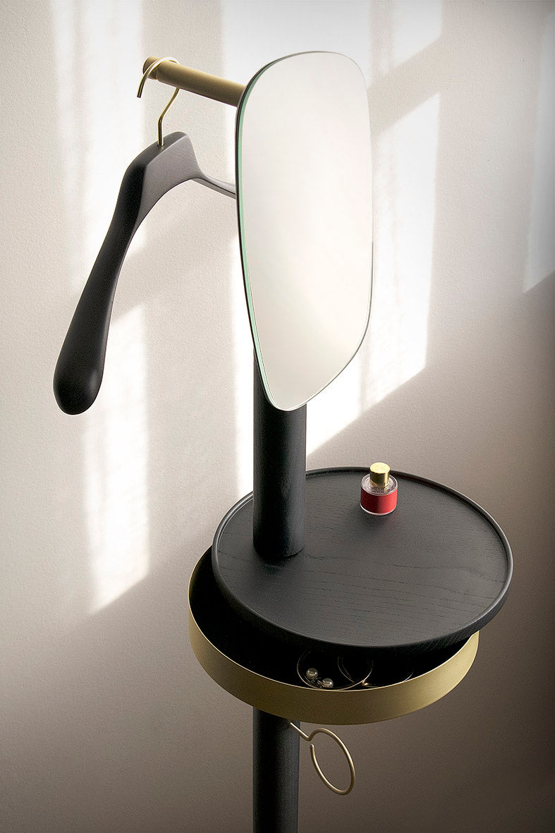 Coat rack with mirror GALAN in black ash wood with black marble and brass finish