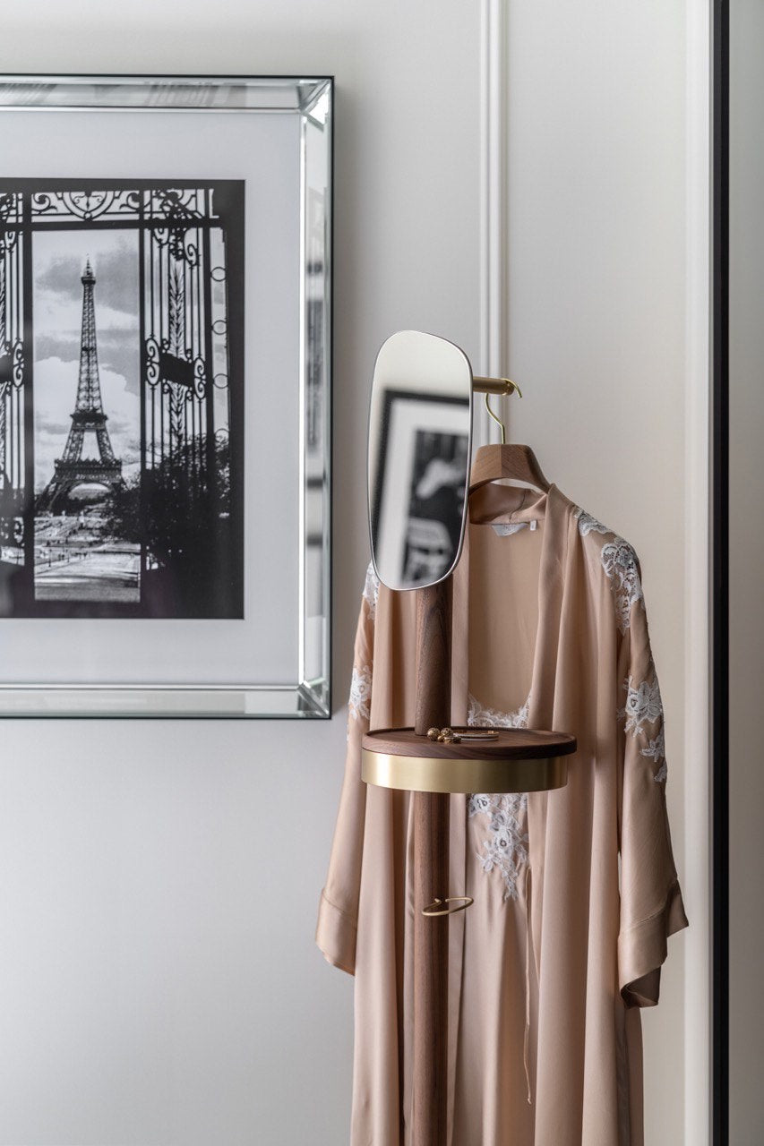 Coat rack with mirror GALAN W walnut wood with brown marble and brass finish