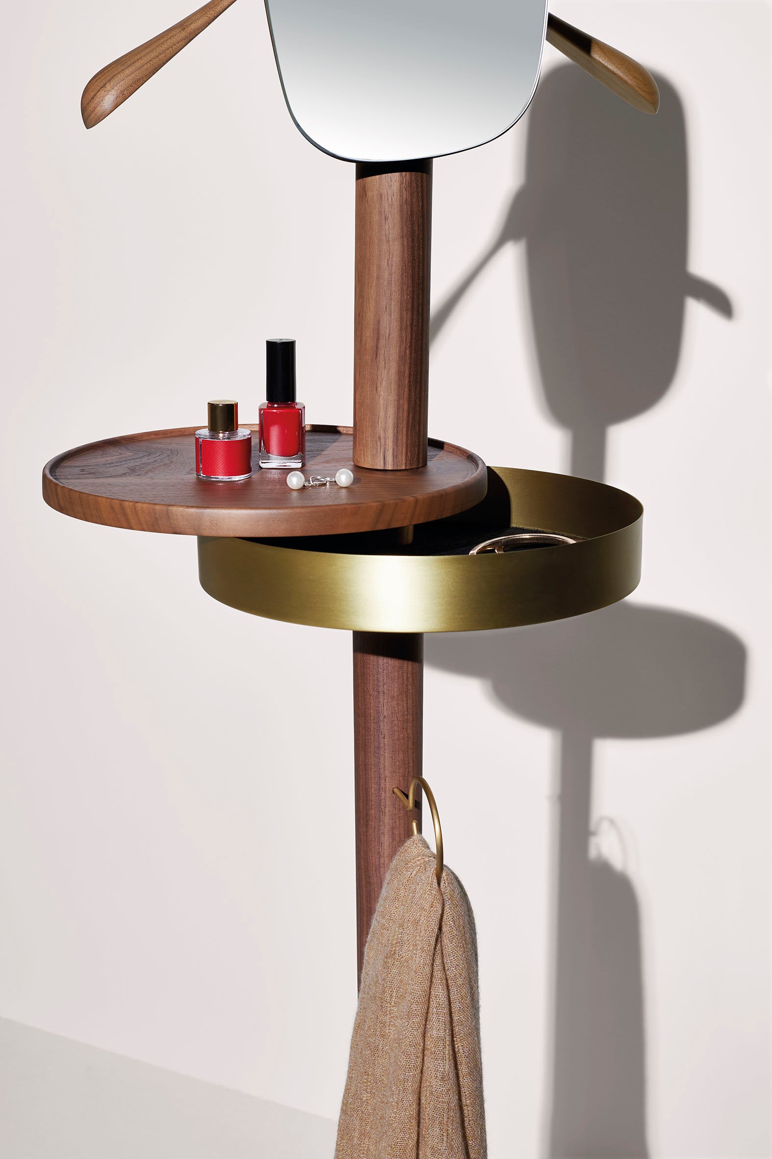 Coat rack with mirror GALAN W walnut wood with brown marble and brass finish