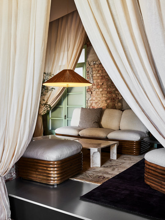 BOHEMIAN 72 pouf upholstered with a rattan base