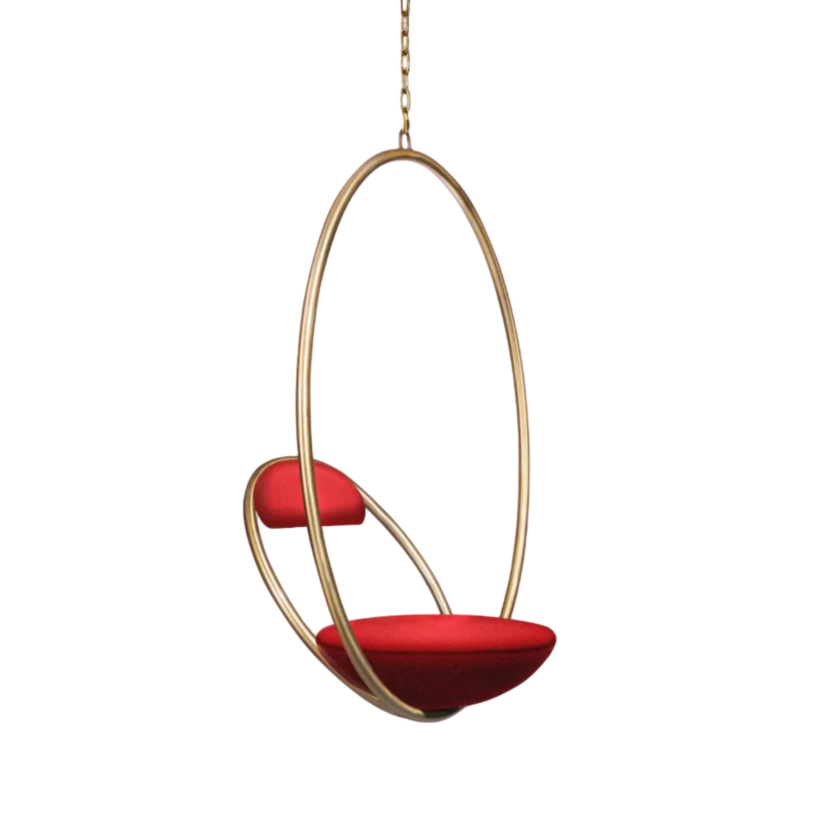 HANGING HOOP hangstoel in rood met een messing afwerking