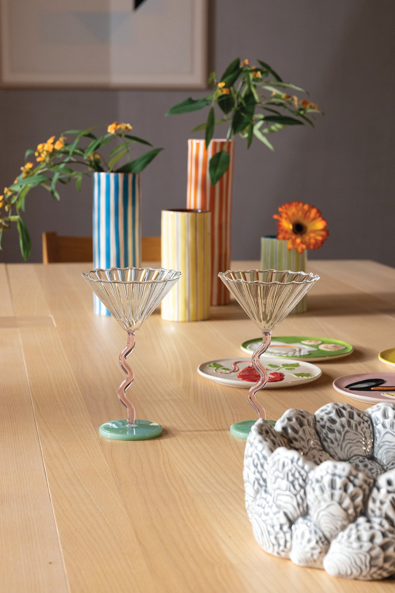 Set van glazen glazen CURVE roze met groen