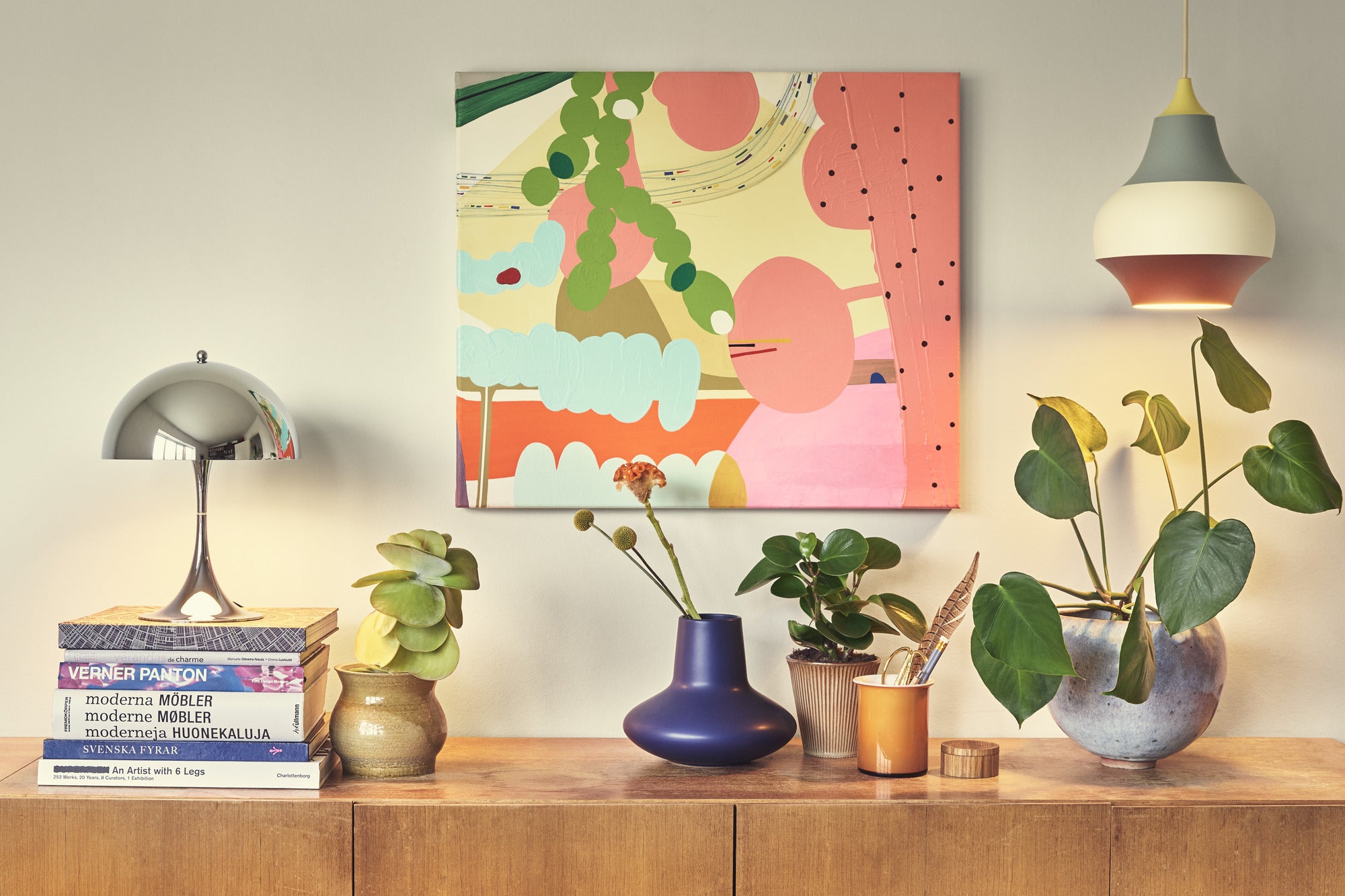 Hanglamp CIRQUE koper-wit-blauw met gele punt