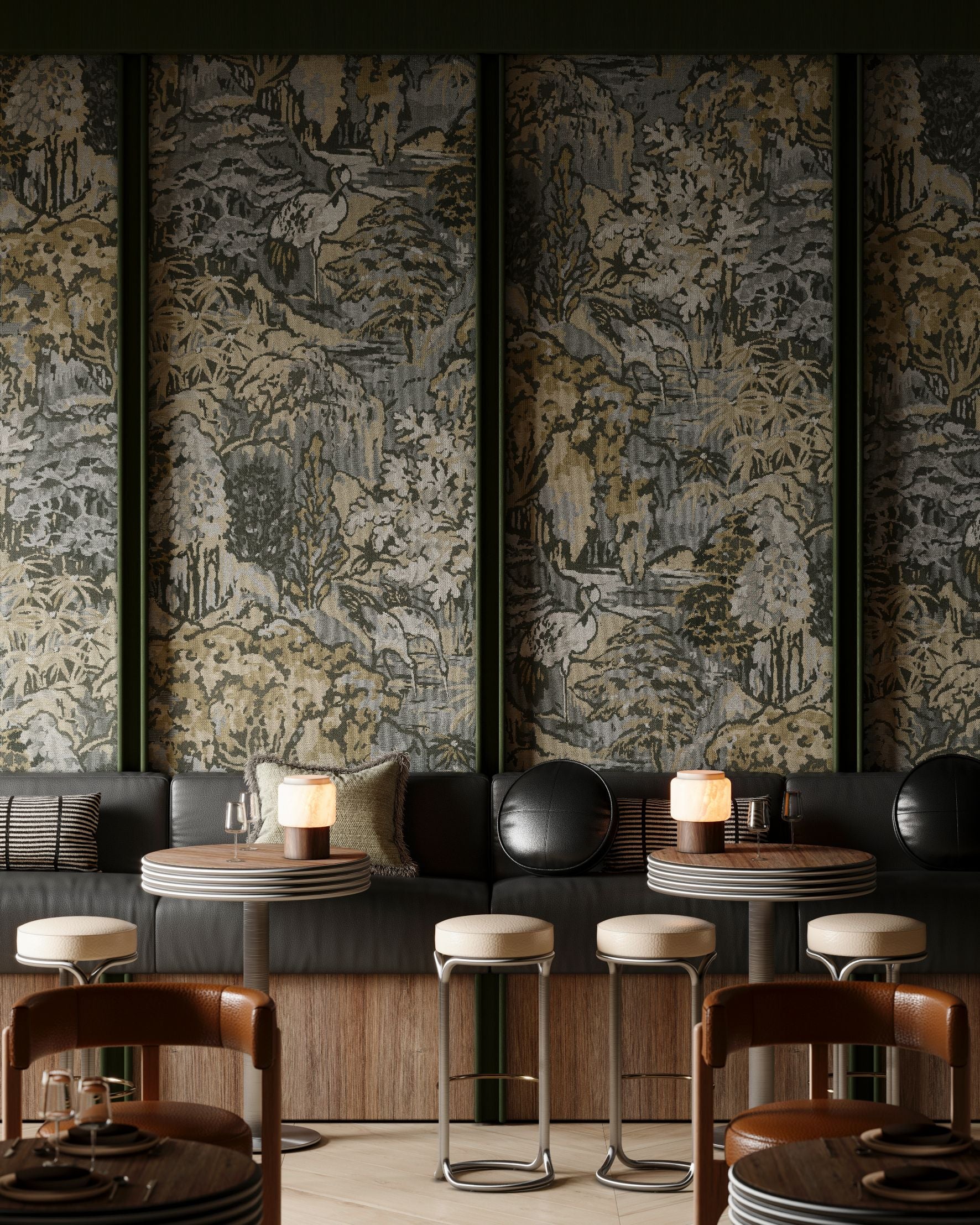 Textielbehang met plantaal en dierlijk motief RIVERBANK grijs met bruin