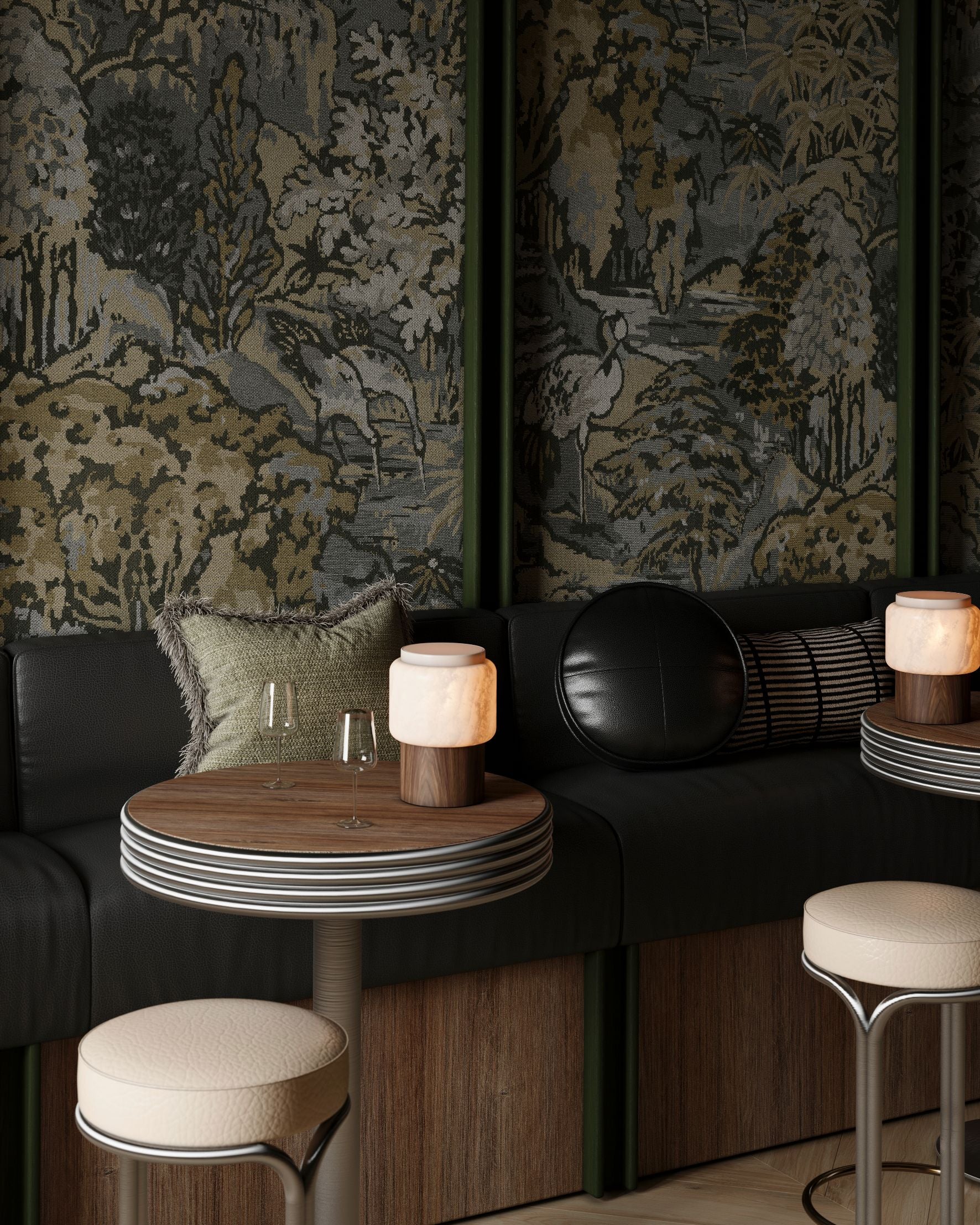 Textielbehang met plantaal en dierlijk motief RIVERBANK grijs met bruin