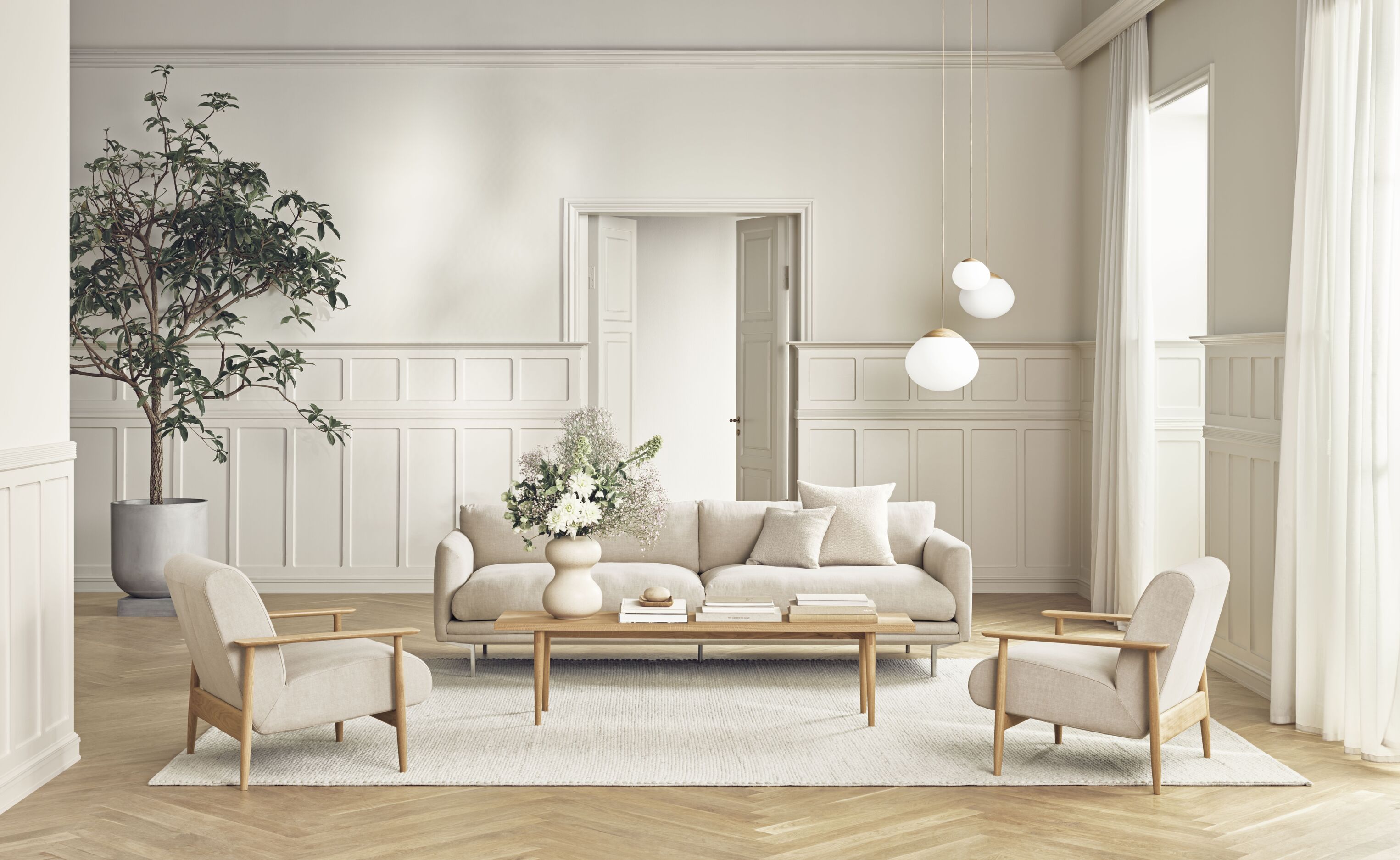 Gestoffeerde fauteuil VISTI met eikenhouten basis