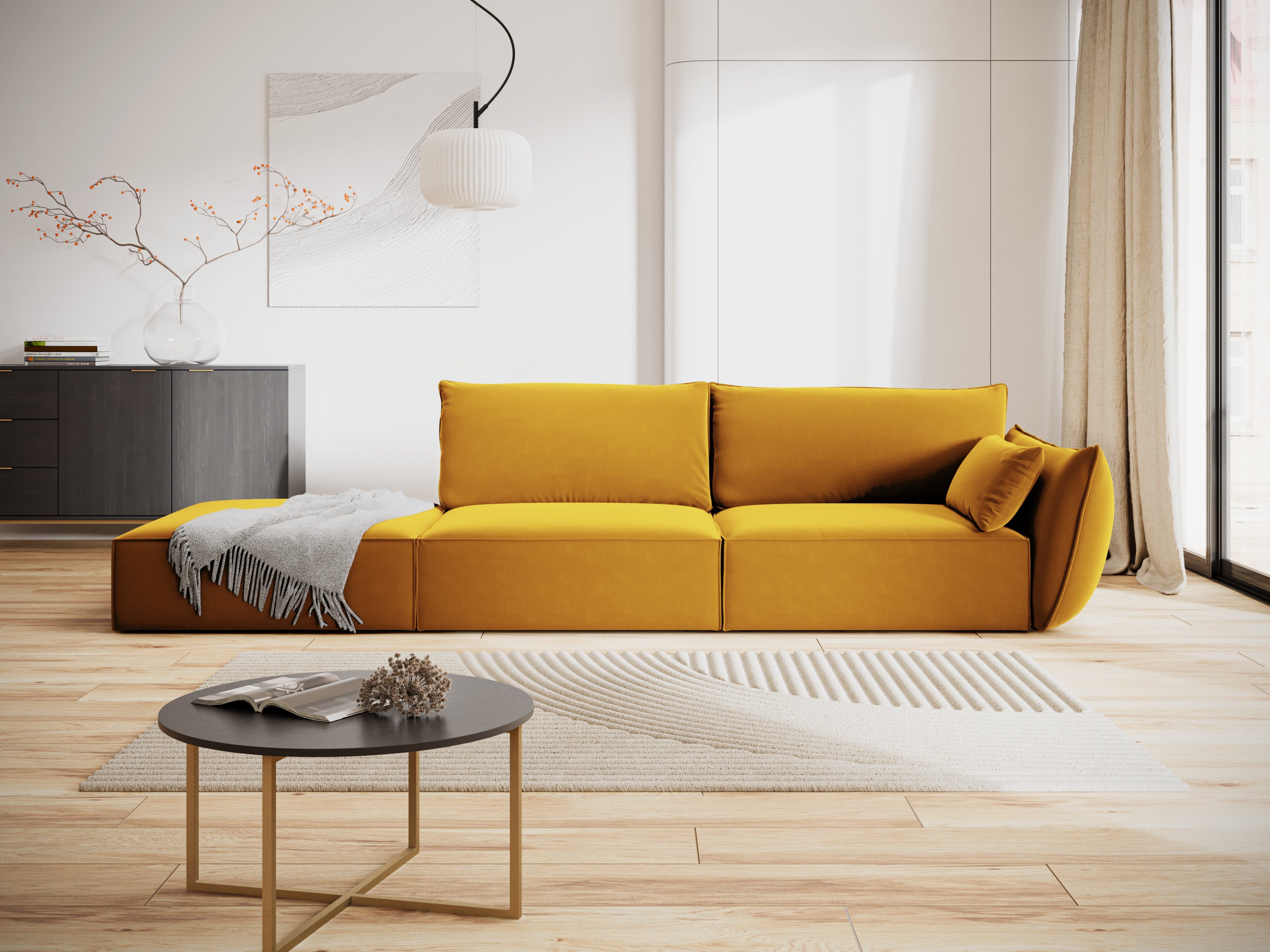 Sofa van fluweel links open VANDA mosterdgeel