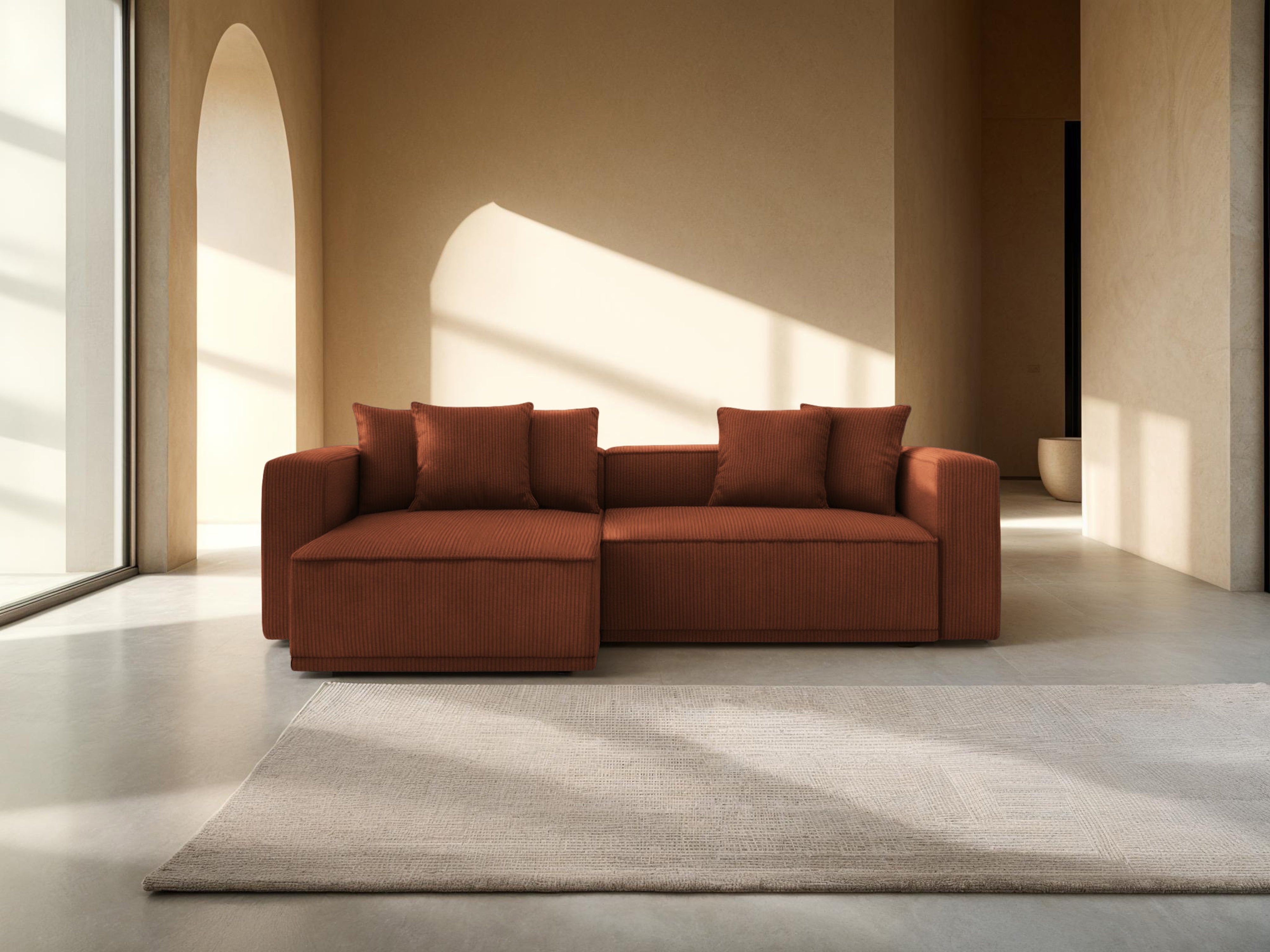 Narożnik lewostronny z funkcją spania RIBES ceglasty sztruks