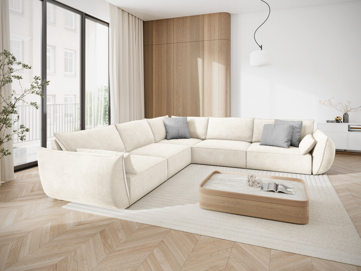 Symmetrische hoekbank in chenille stof VANDA lichtbeige