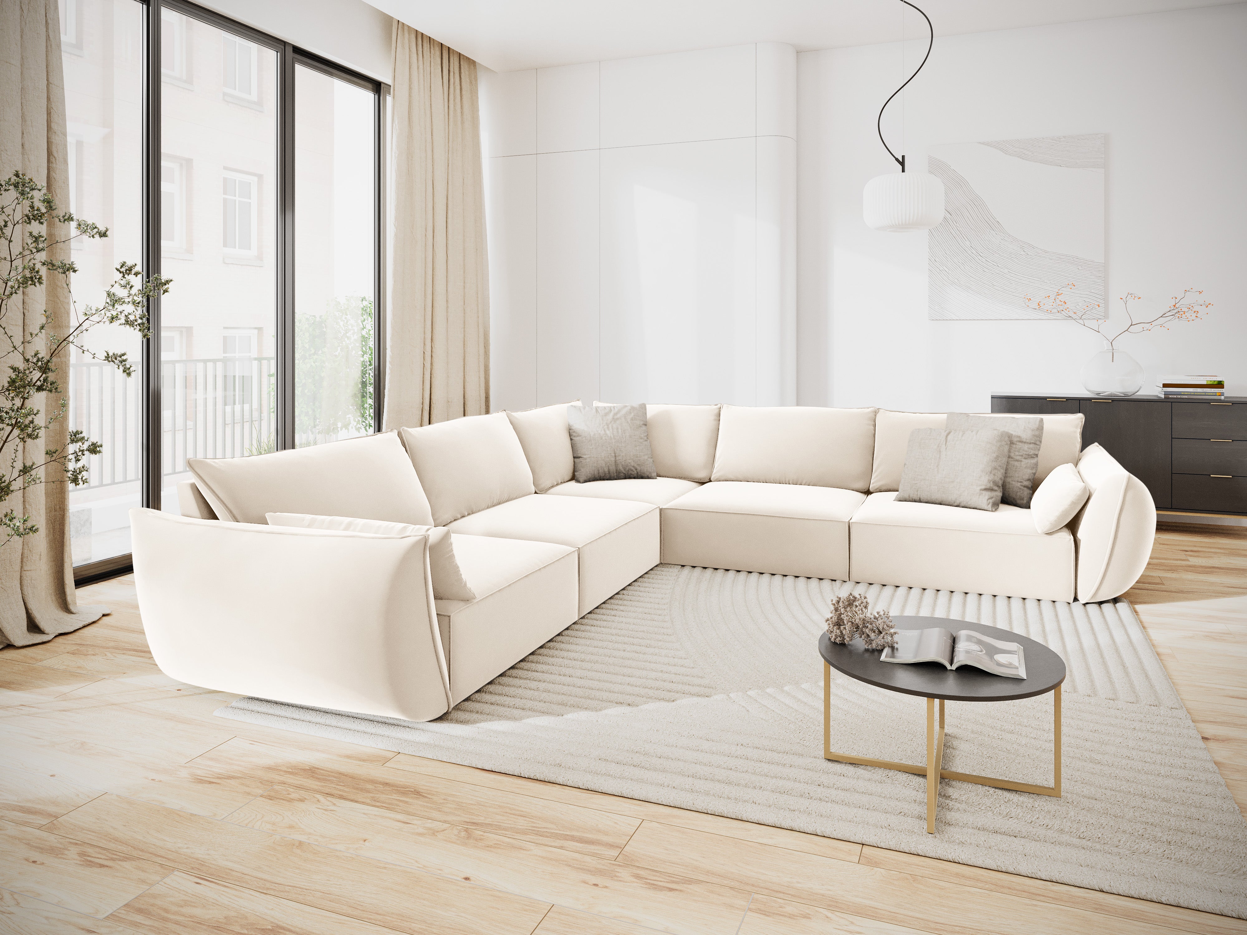 Symmetrische fluwelen hoekbank VANDA beige