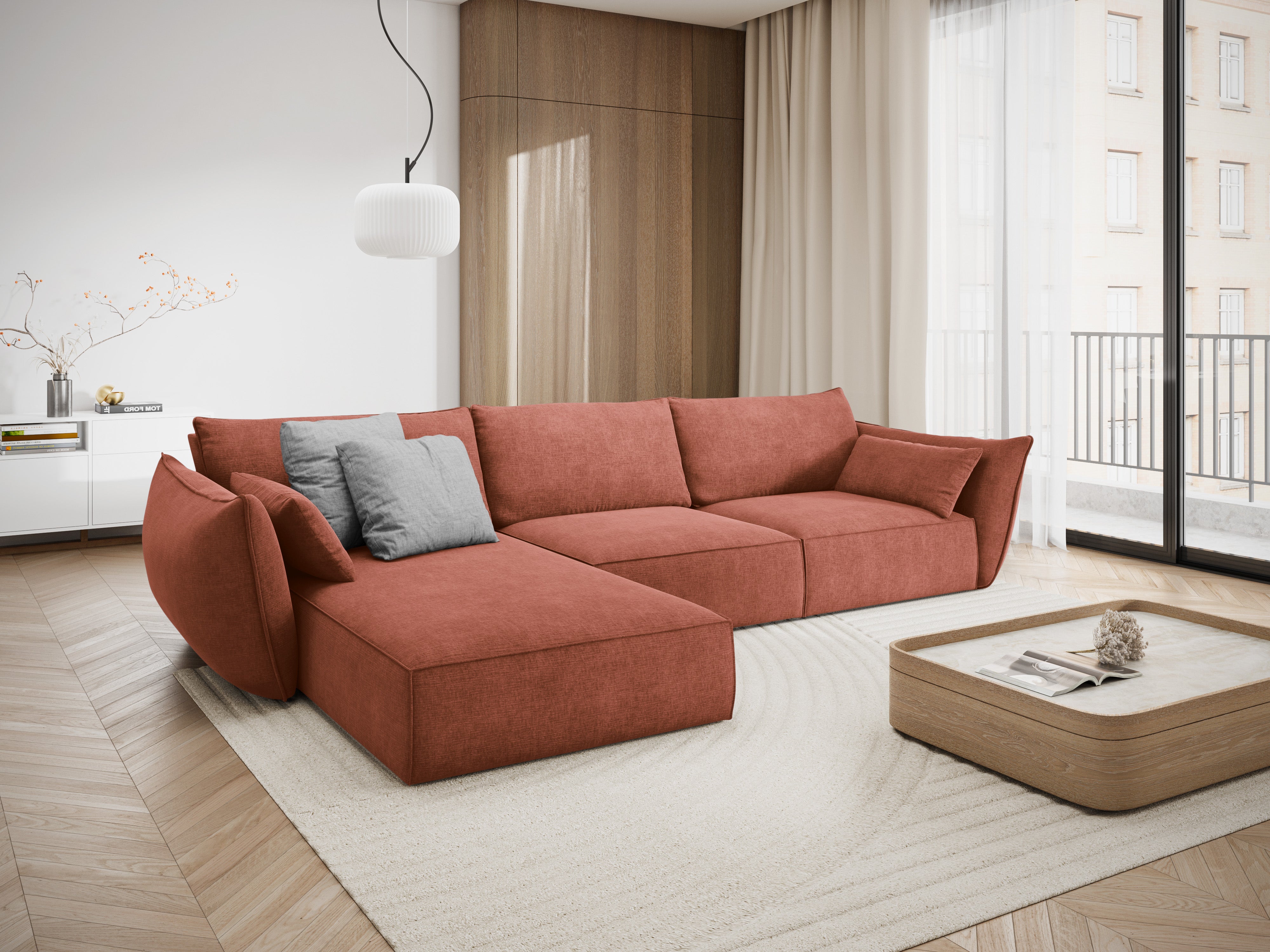 Hoekbank in chenille stof links 4-persoons VANDA terracotta