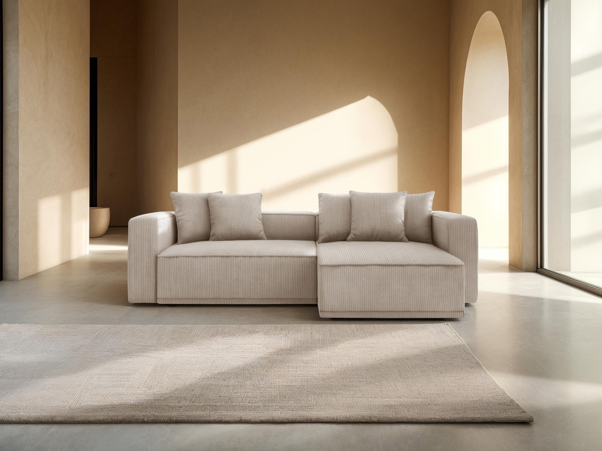 Narożnik prawostronny z funkcją spania RIBES beżowy sztruks