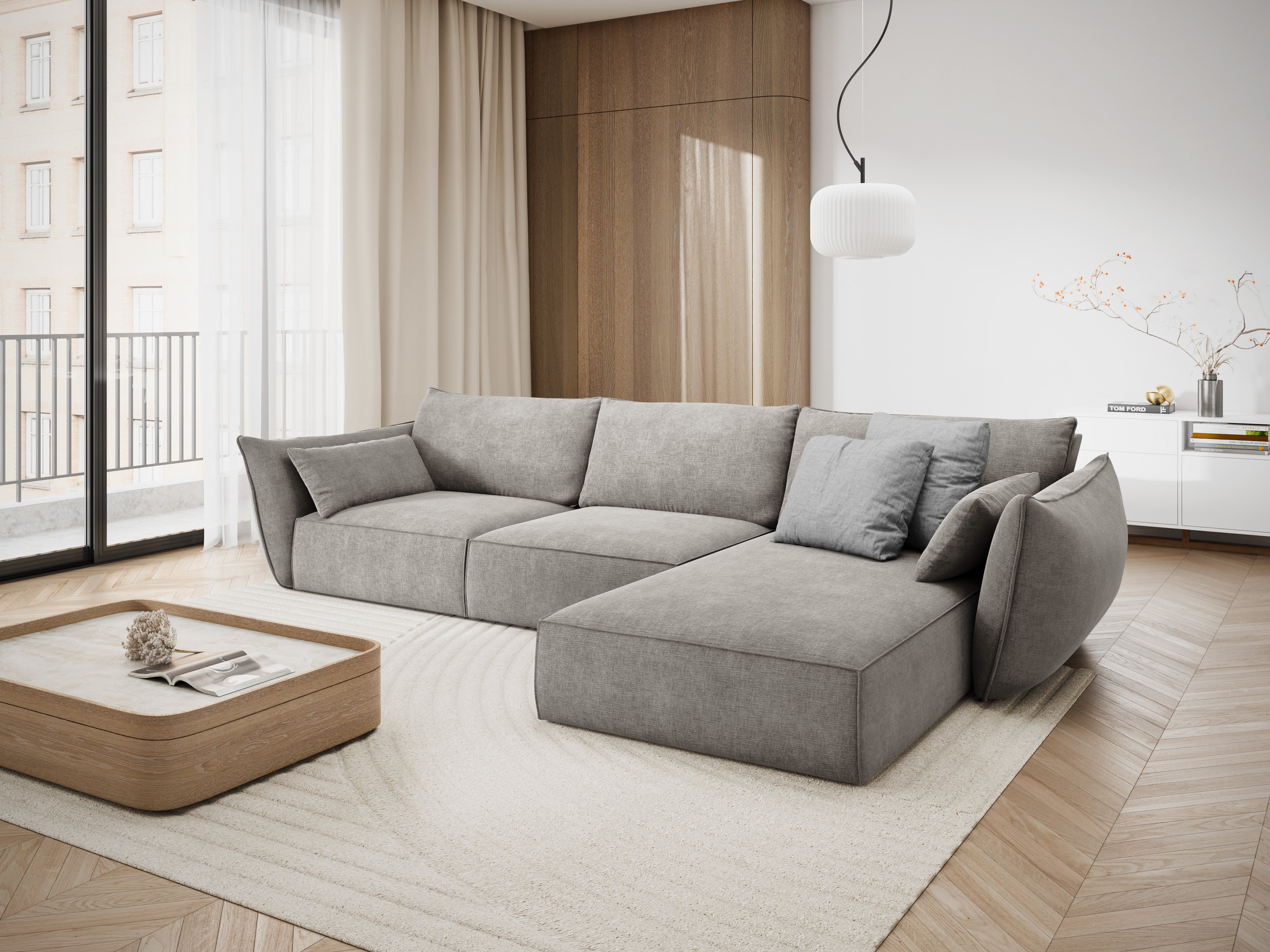 Rechthoekige bank in chenille stof, rechts, voor 4 personen, VANDA, lichtgrijs