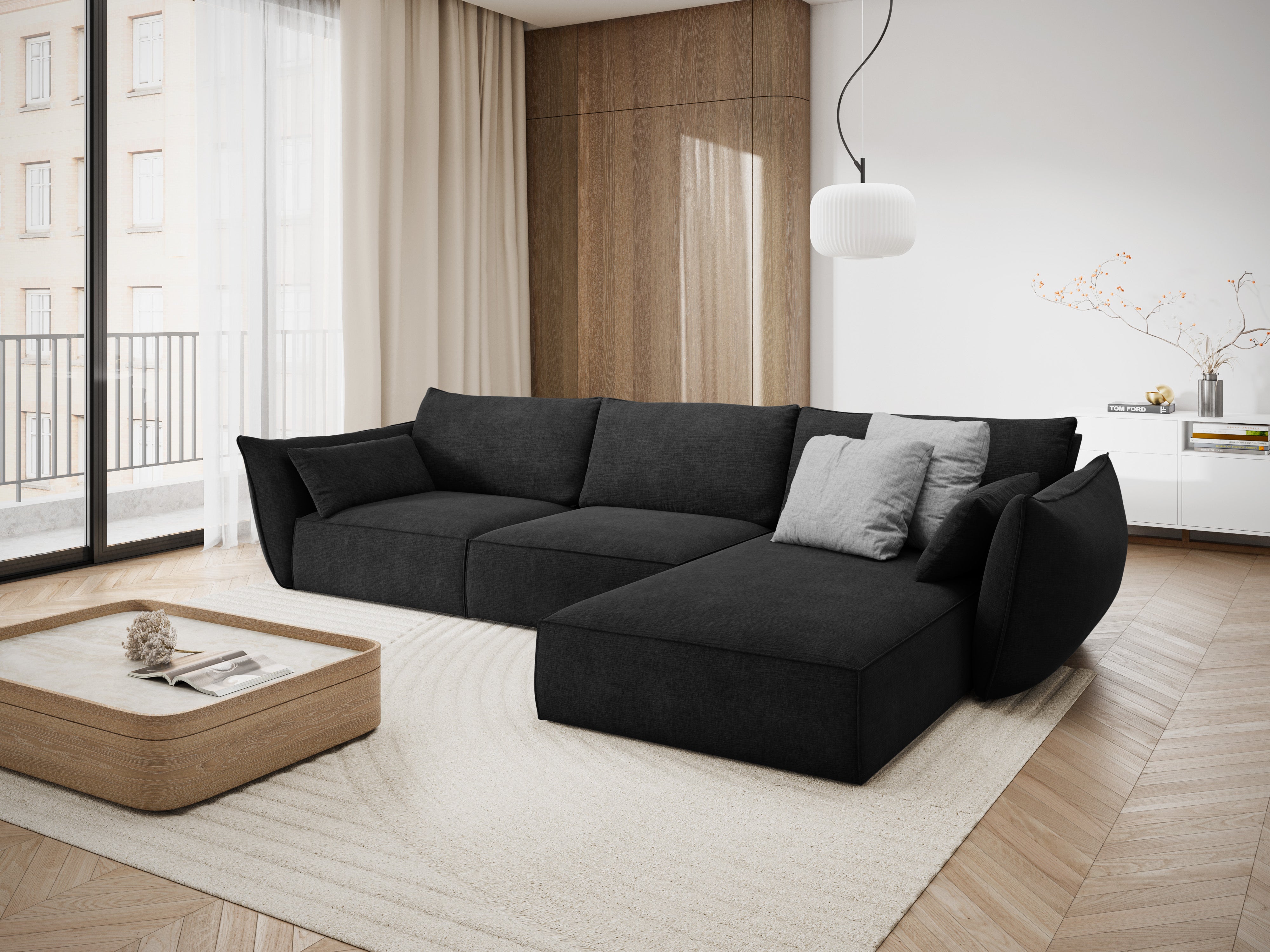 Rechthoekige bank in chenille stof, rechts, voor 4 personen, VANDA, zwart