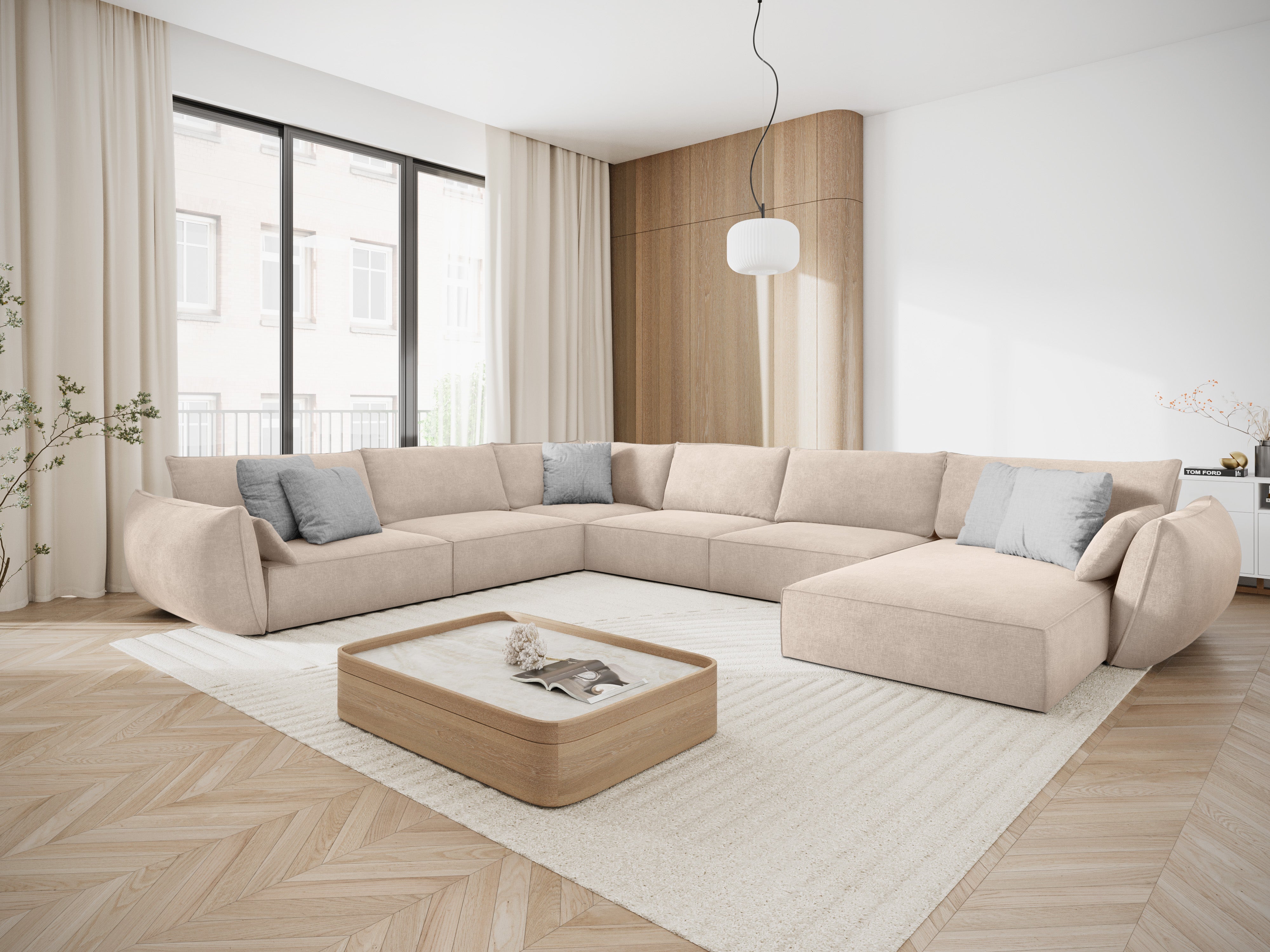Panoramische hoekbank in chenille stof links VANDA beige