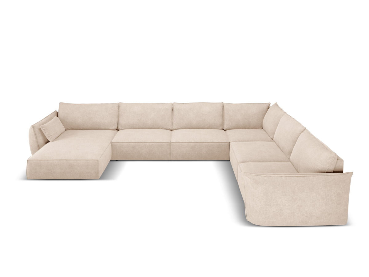 Beige rechtse panoramische hoekbank in chenille stof VANDA