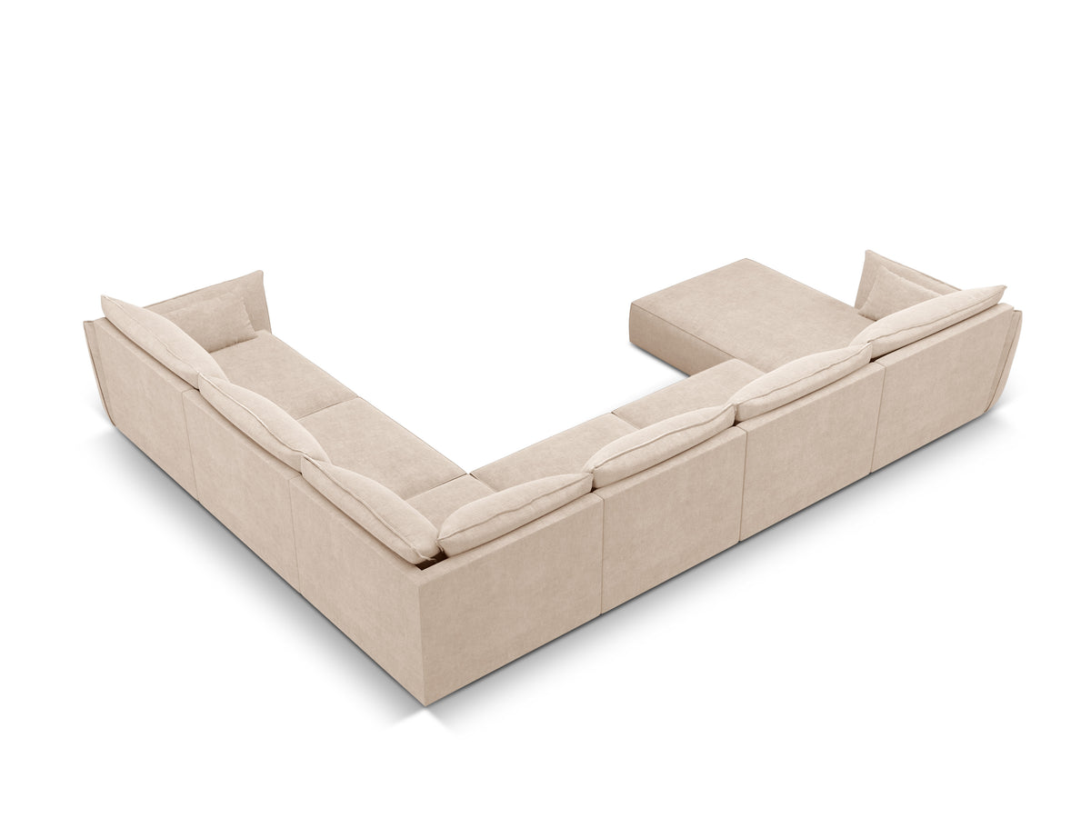 Beige rechtse panoramische hoekbank in chenille stof VANDA