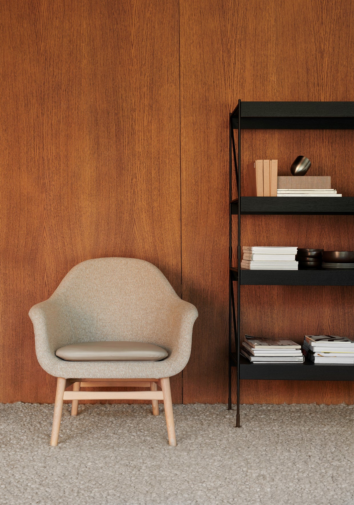 HARBOUR beige armchair with walnut base