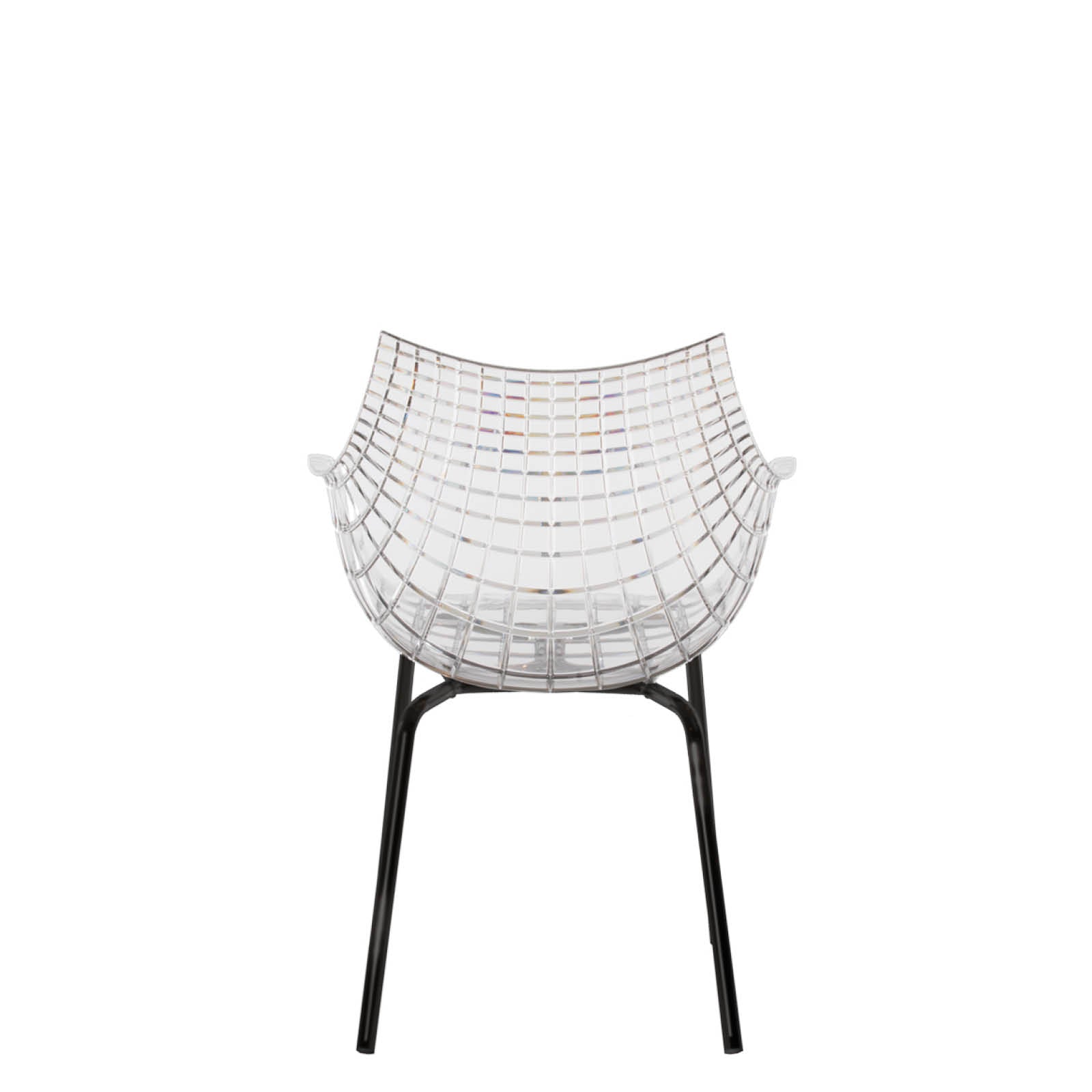 A transparent meridiana chair with a black base