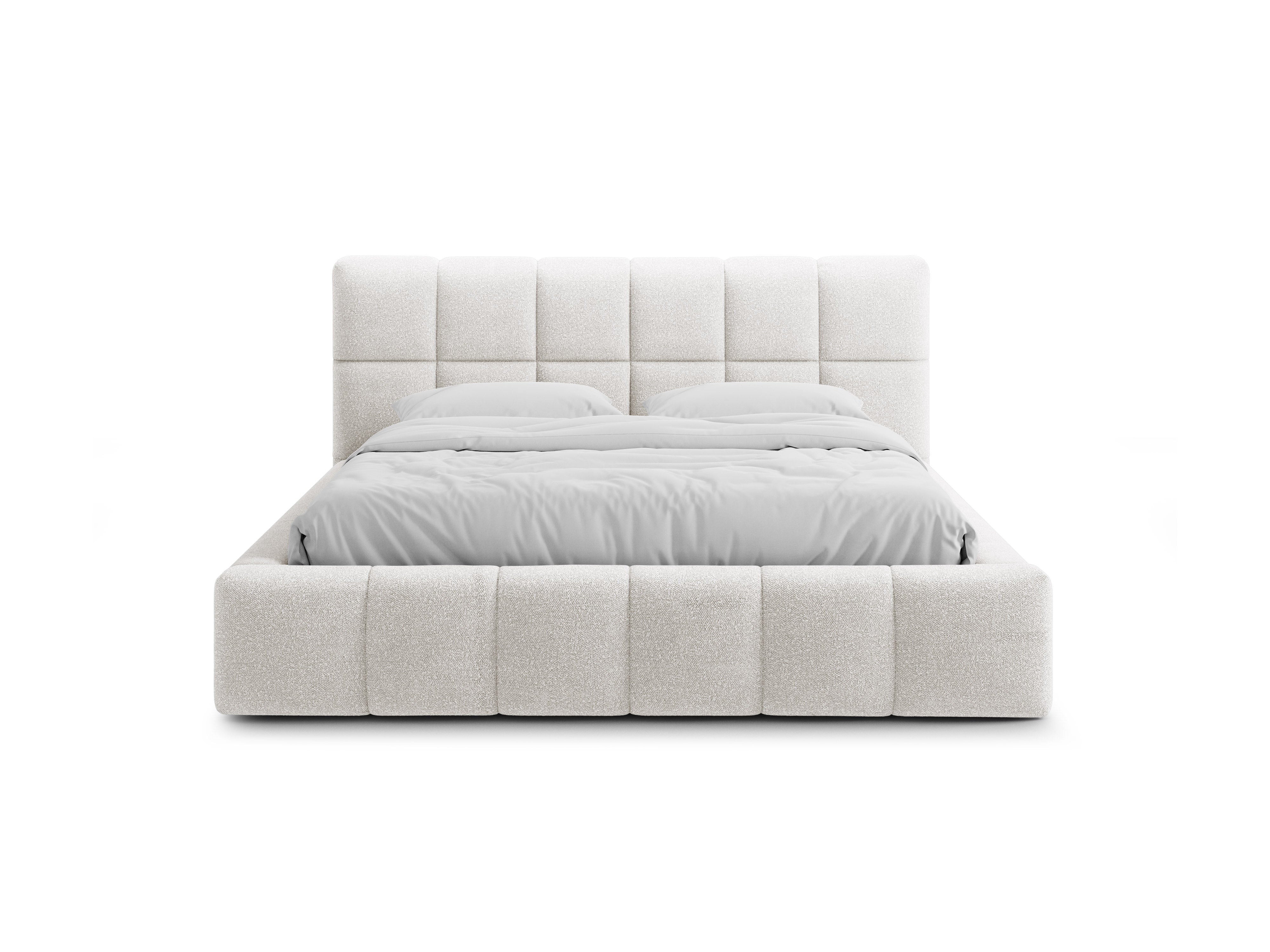 BELLIS bed with storage for bedding in white boucle