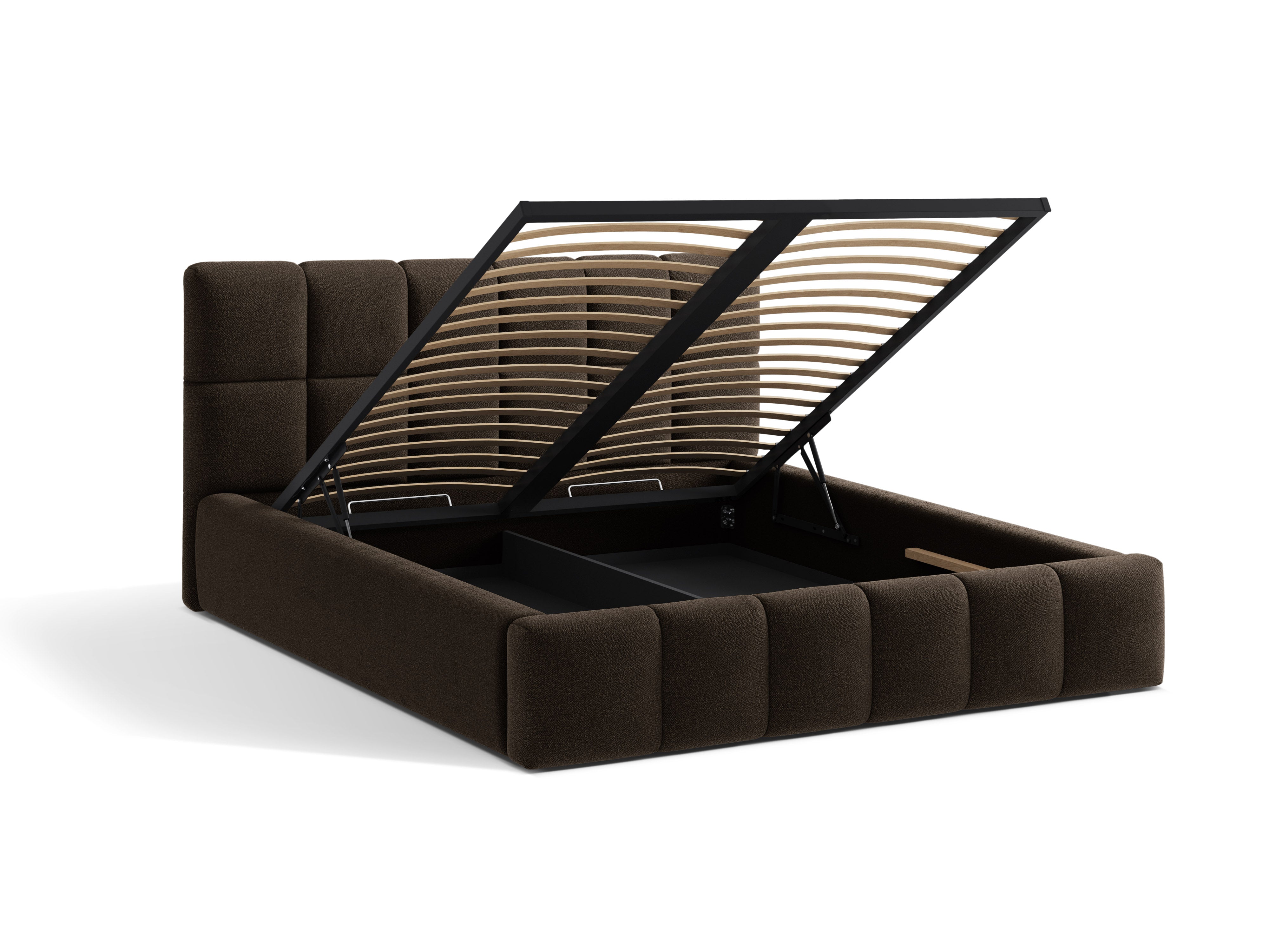 BELLIS bed met opbergruimte voor beddengoed in bruin boucle