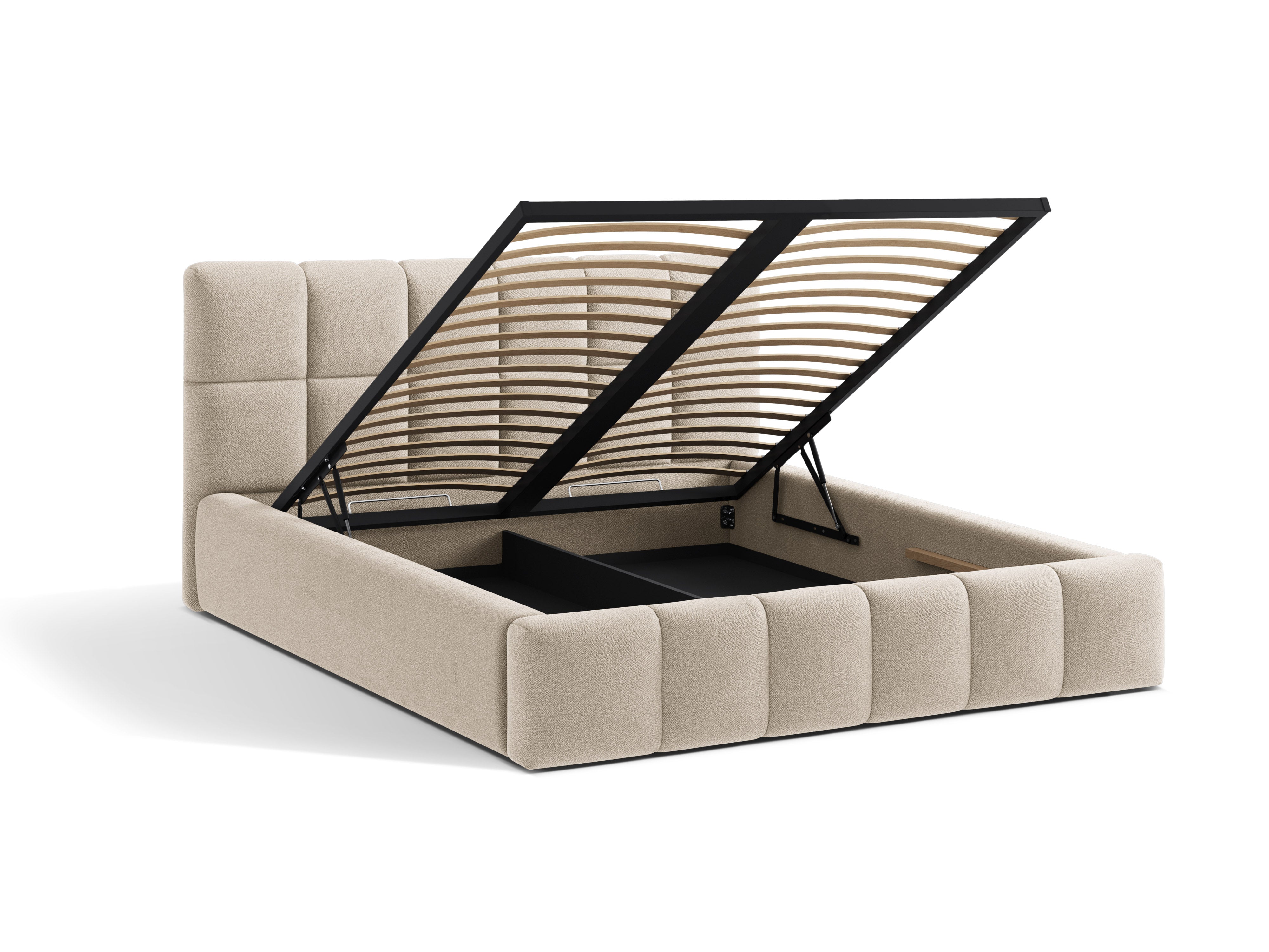 BELLIS bed met opbergruimte voor beddengoed in beige boucle