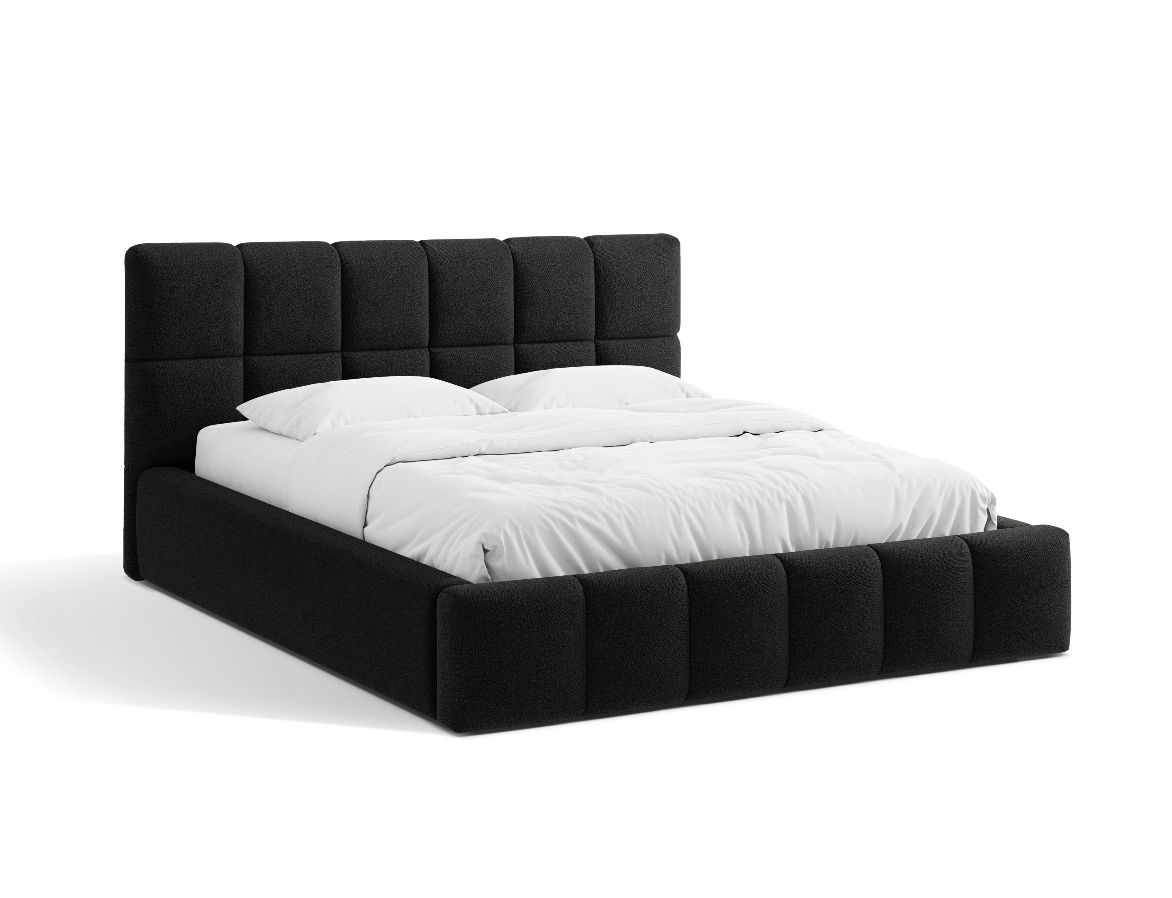 BELLIS bed met opbergruimte voor beddengoed in zwarte boucle