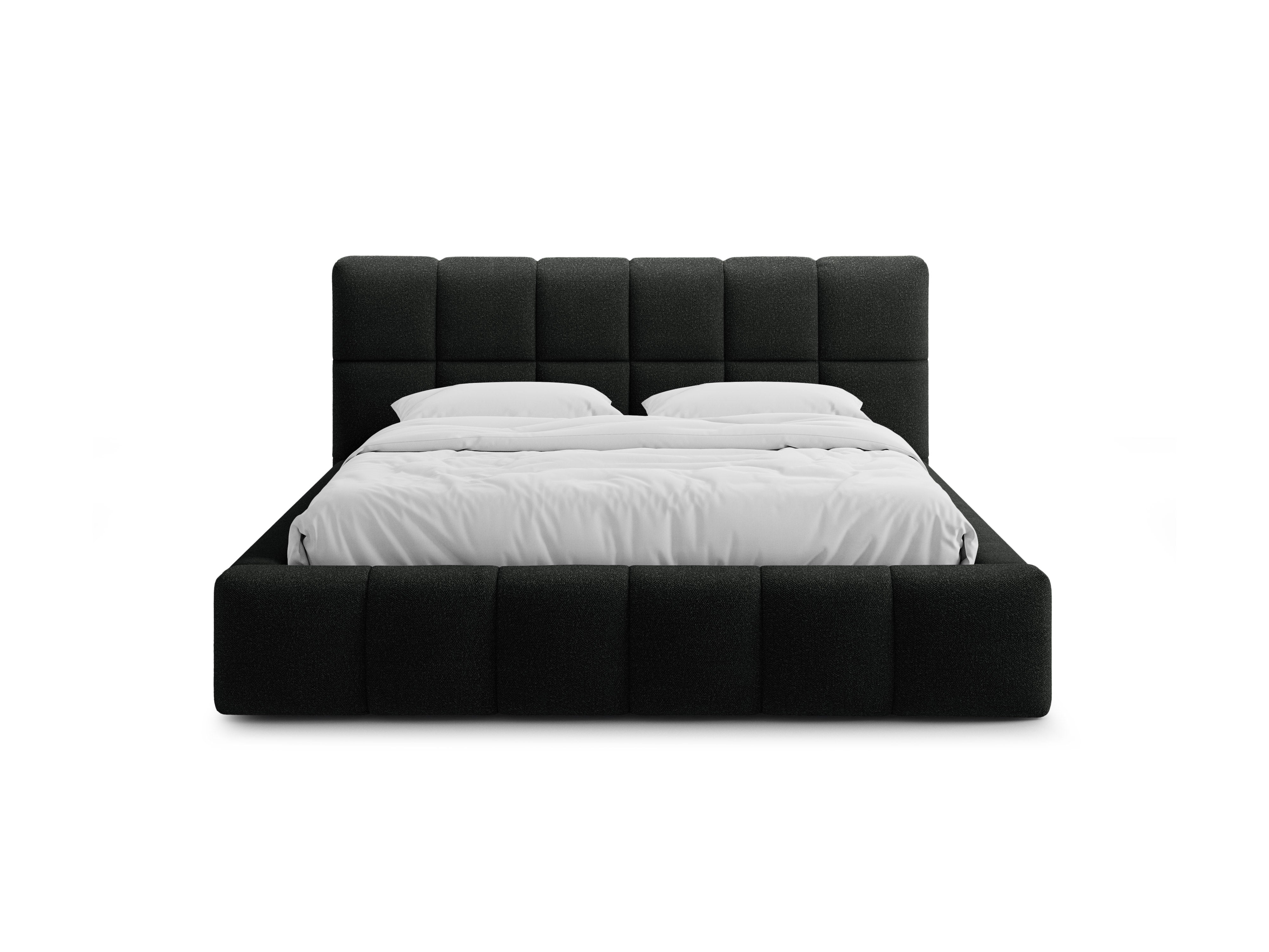 BELLIS bed met opbergruimte voor beddengoed in zwarte boucle