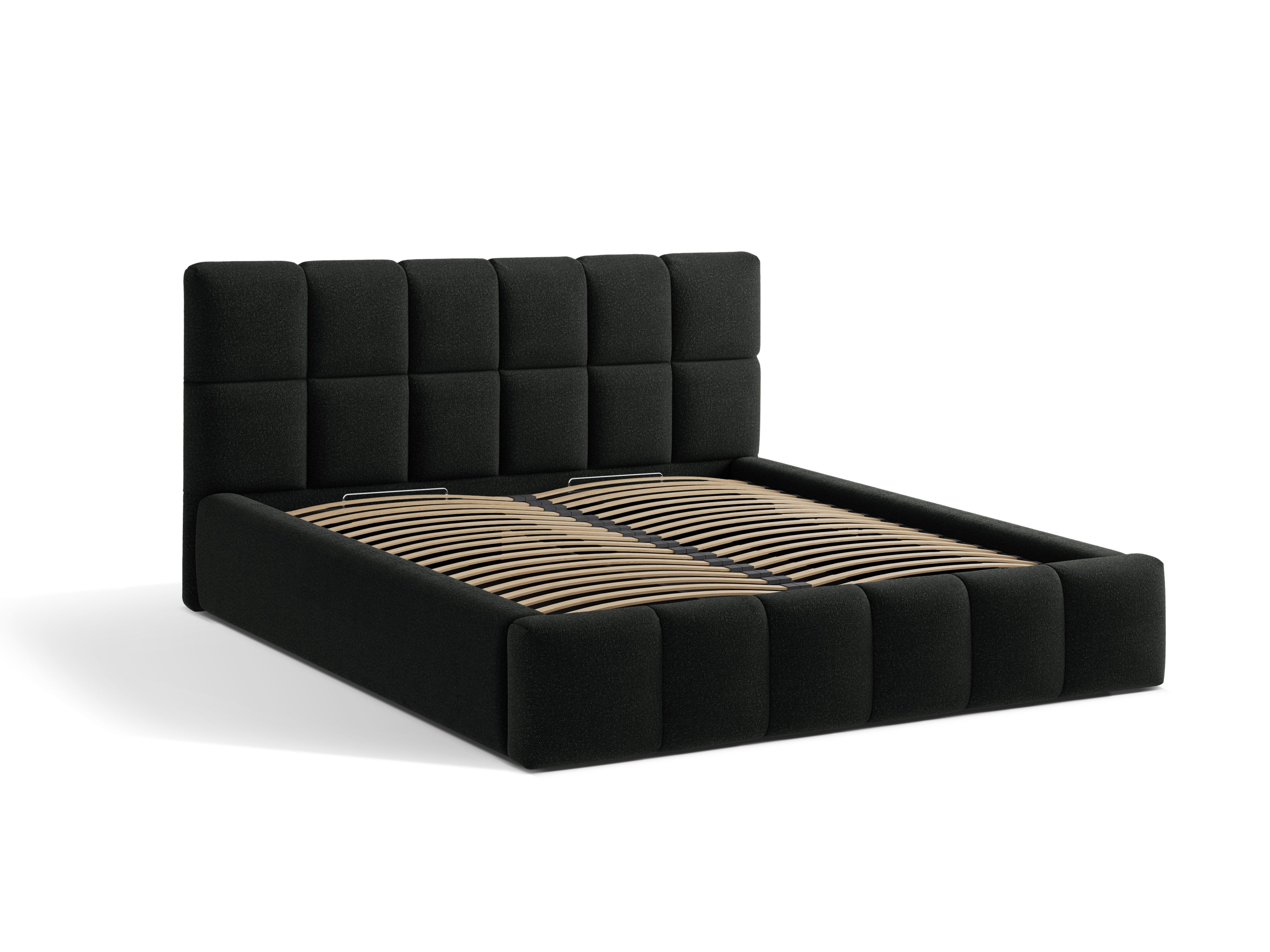 BELLIS bed met opbergruimte voor beddengoed in zwarte boucle